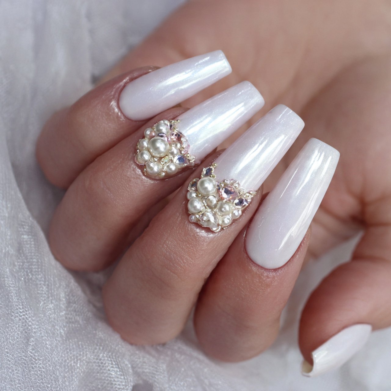 glossy white coffin nails with pearls stunning nai