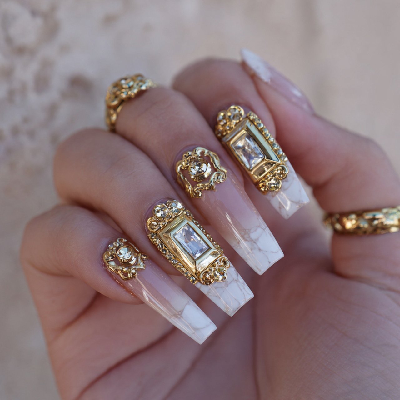 gold accent bling nails