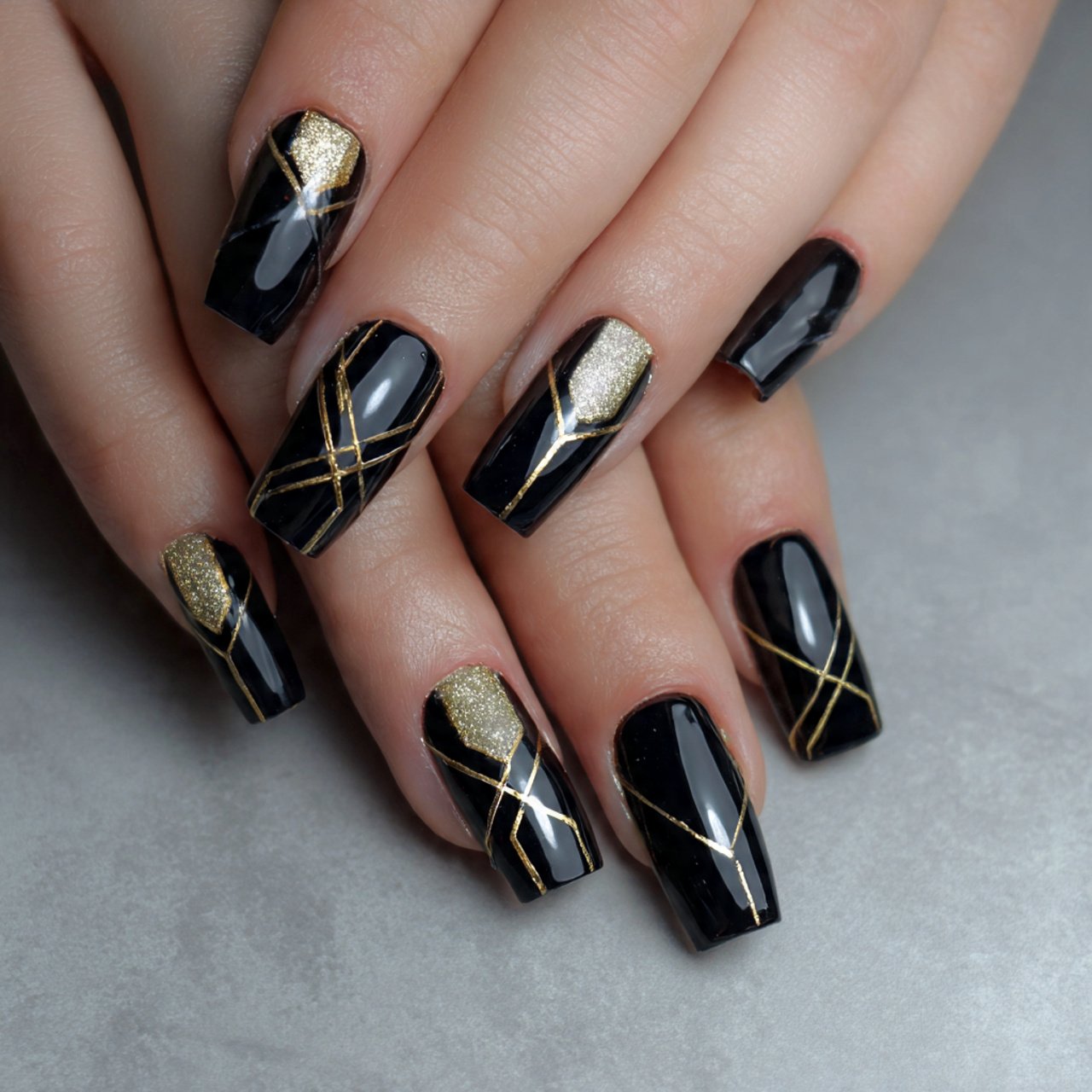 New Year's Nails: 15 Stunning Nail Designs to Ring in the New Year in Style 2 gold and black geometric nails attractive looks na