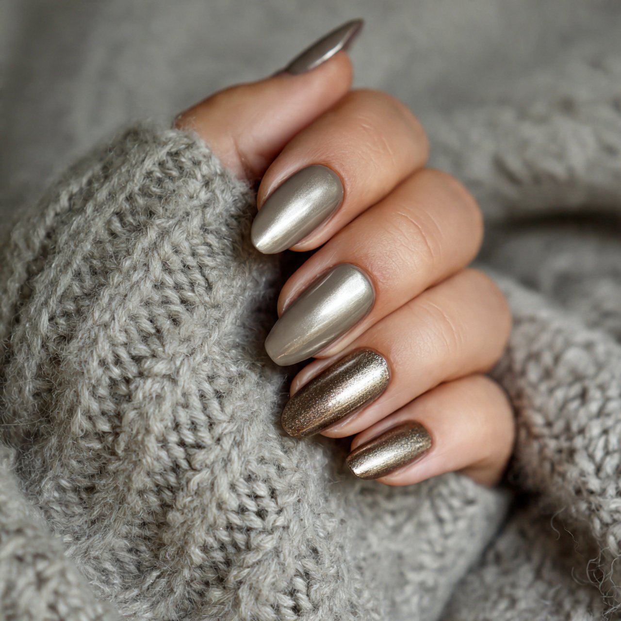 greige neutral nails with satin chrome nails
