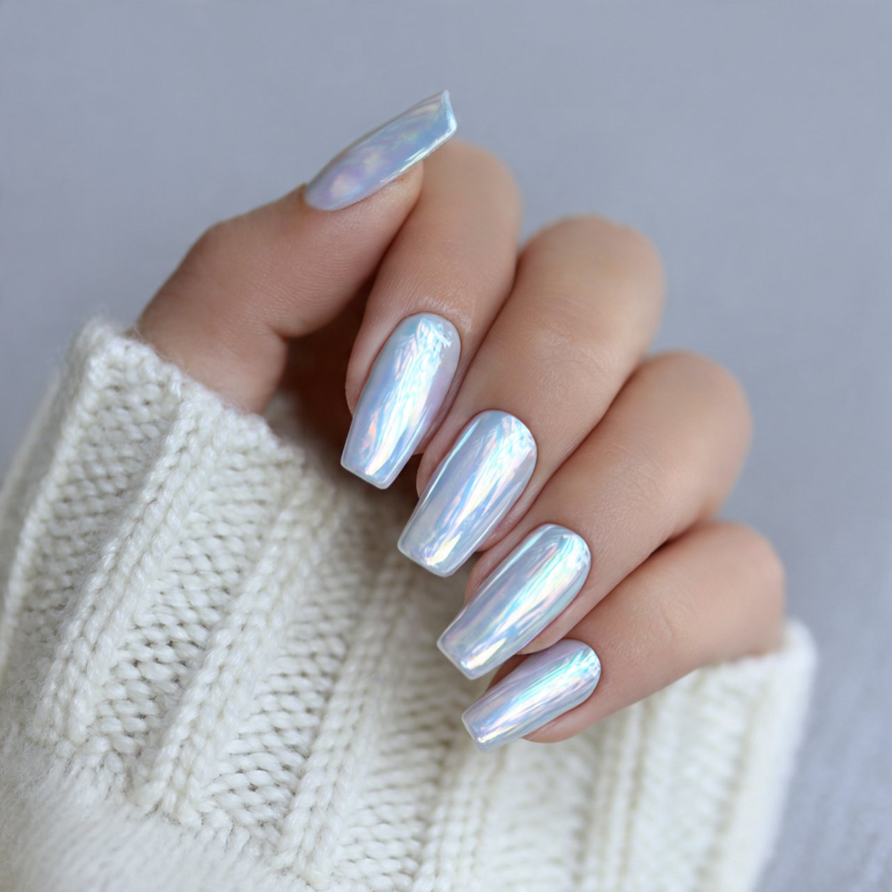 icy pearl chrome short coffin nails supper nails