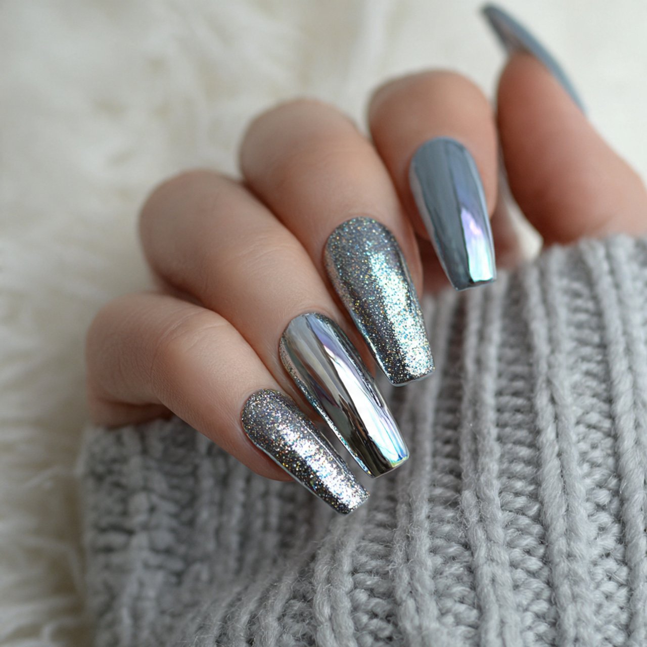icy silver chrome accent nails