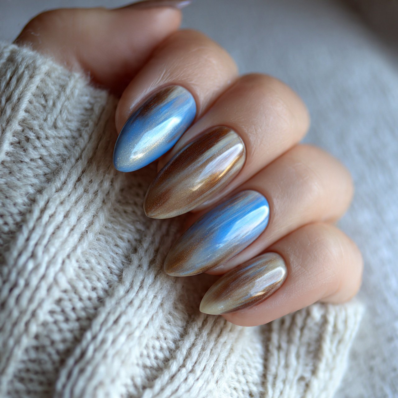 latte brown and sky blue aura nails supper nails