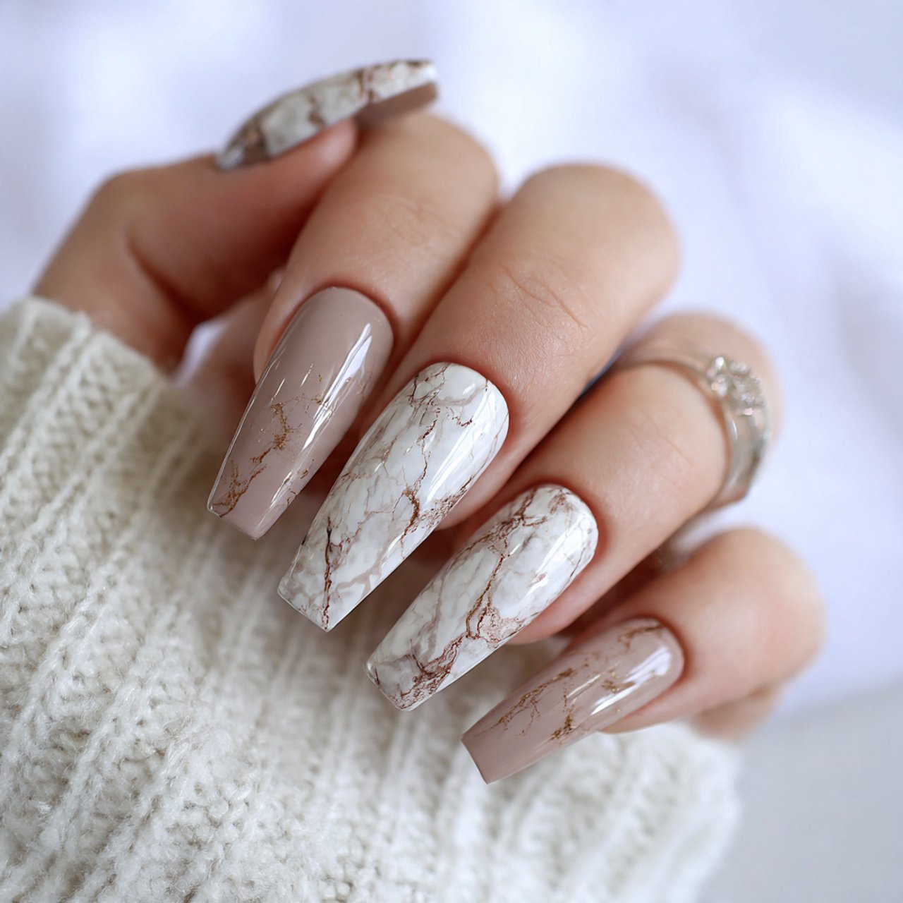 latte marble acrylic nails
