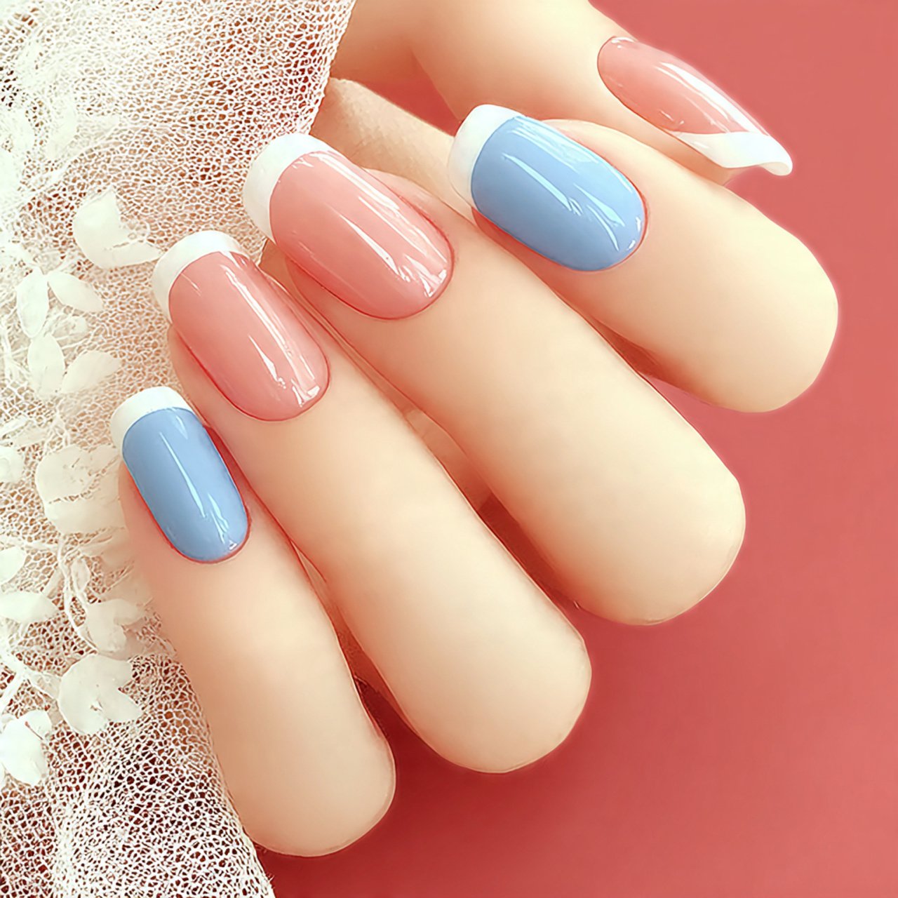 light blue double line french attractive nails