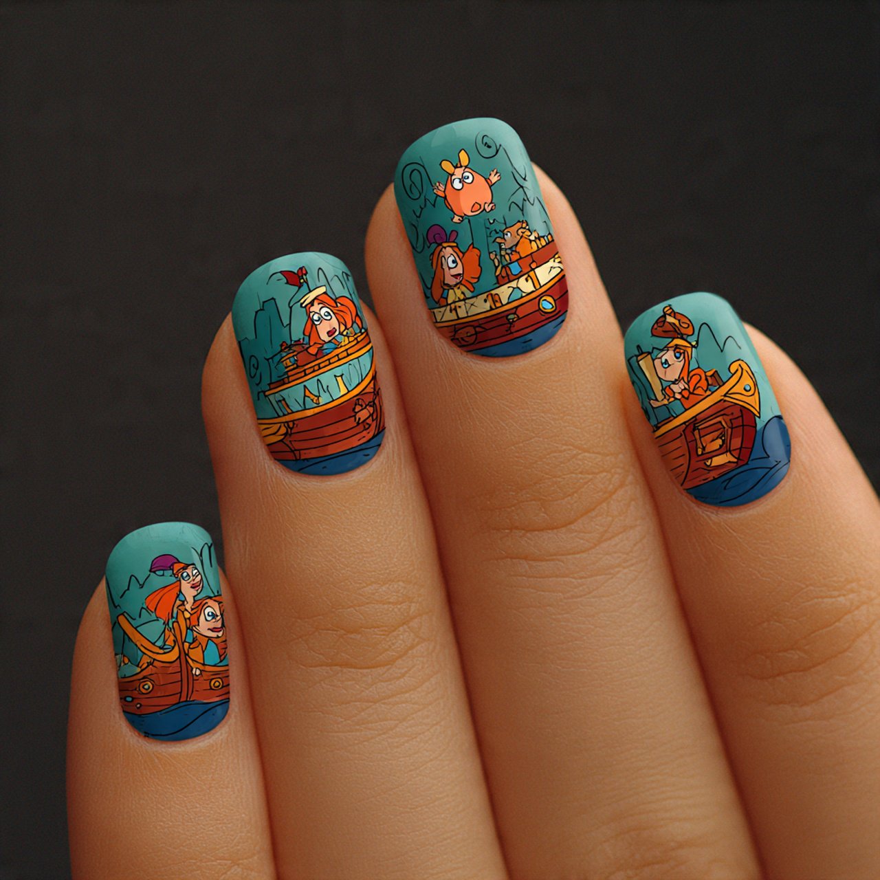 light blue fine line art on creative nails