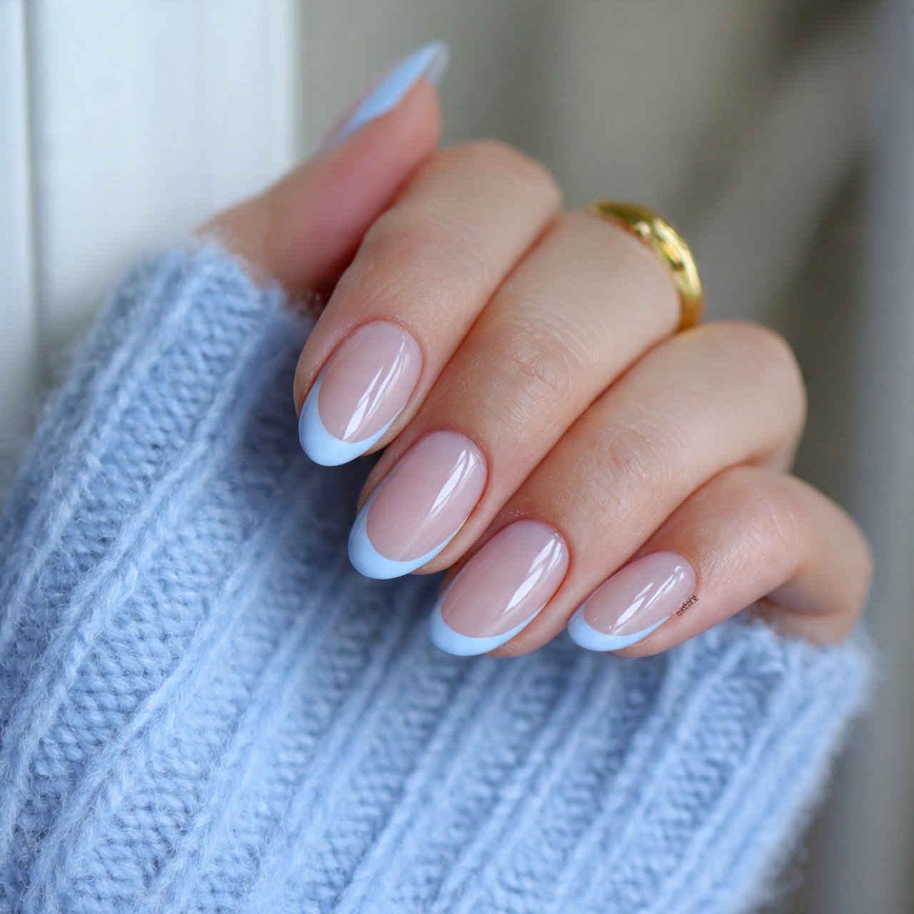 light blue french tips with milky pink base nature