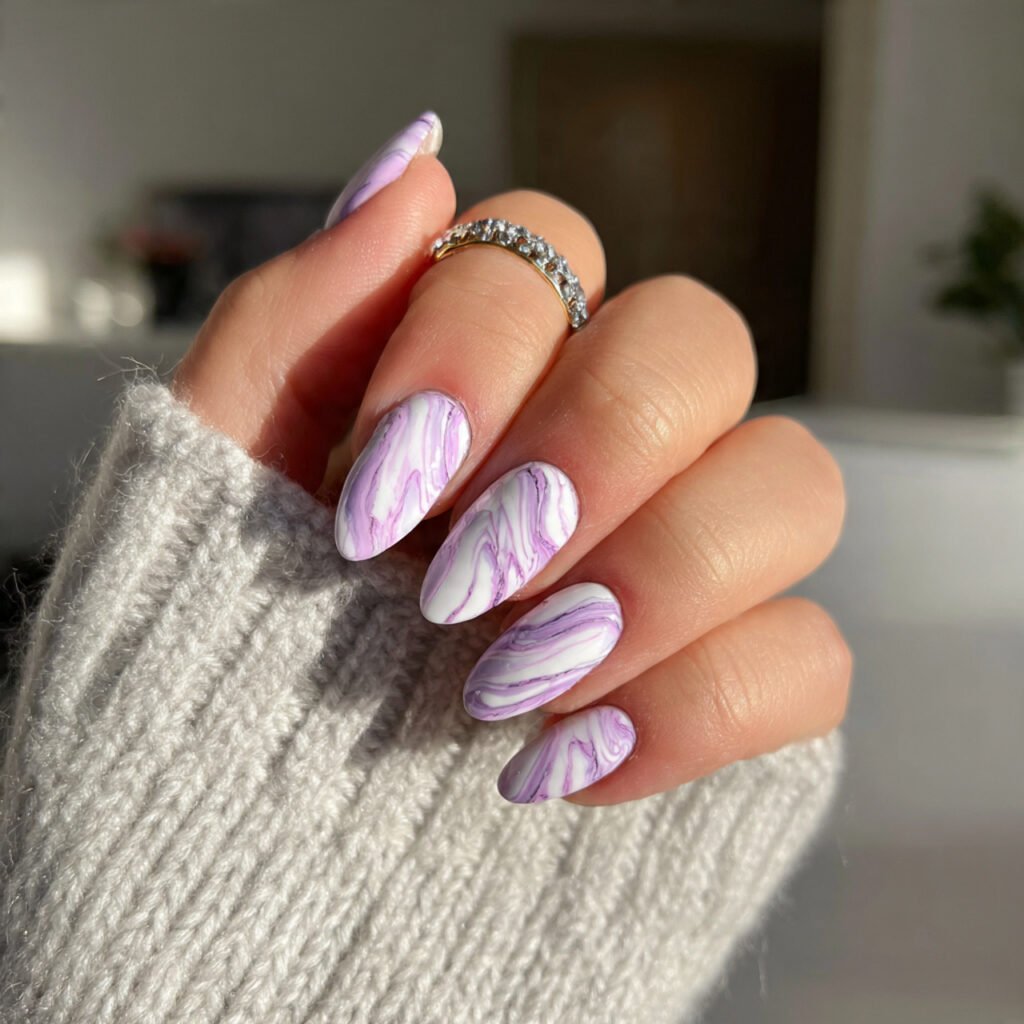 lilac and white swirl nails
