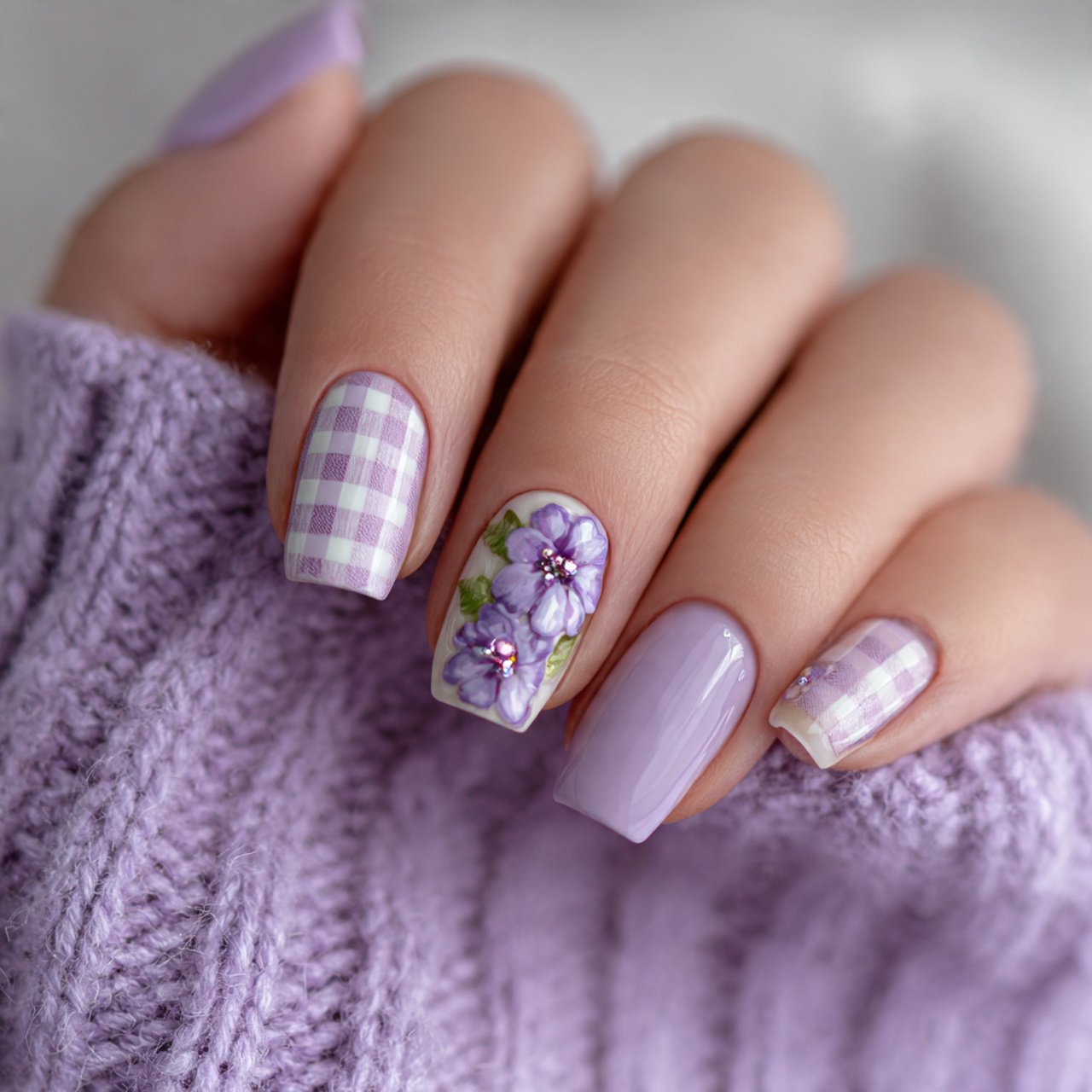 lilac gingham accent nails