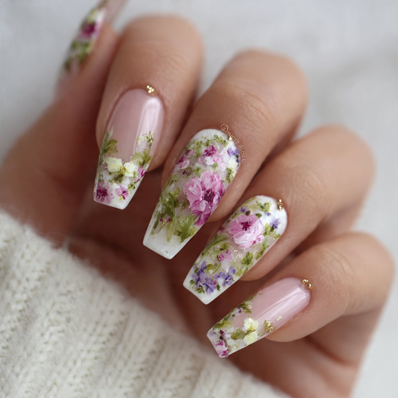 long floral nails natural nails