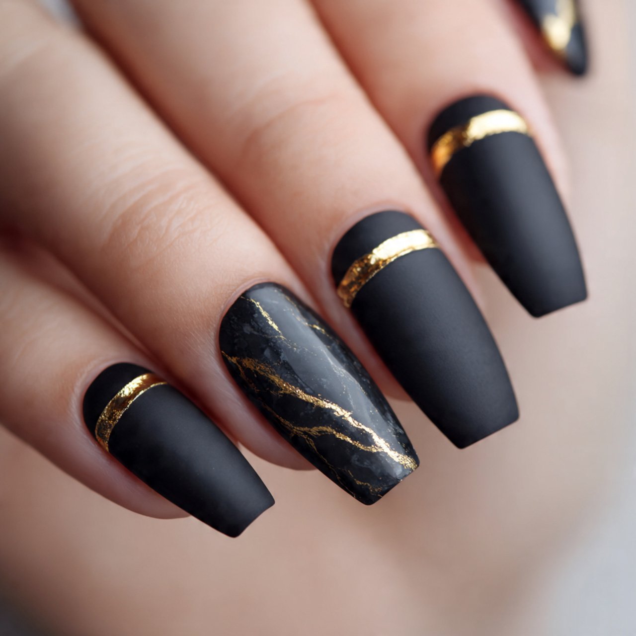matte black with gold detailing stunning nails