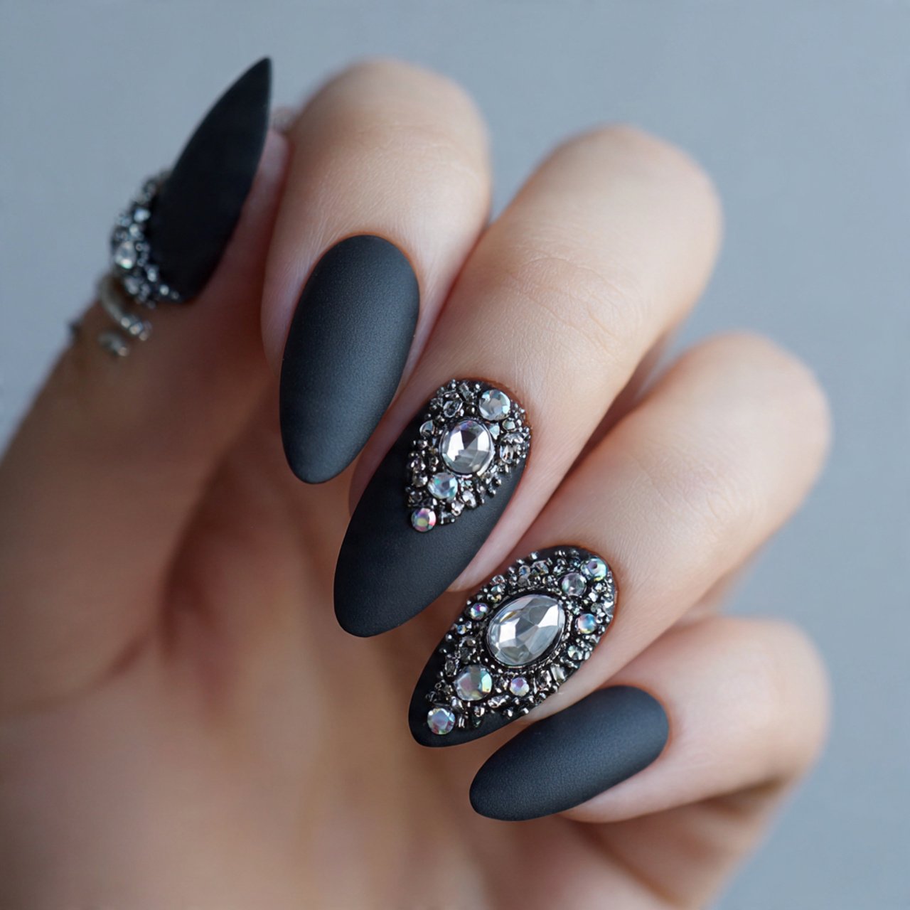 New Year’s Eve Nails: The Ultimate Guide to Show-Stopping Nail Designs for the Holiday Season 10 matte black with rhinestone detailing pretty nails
