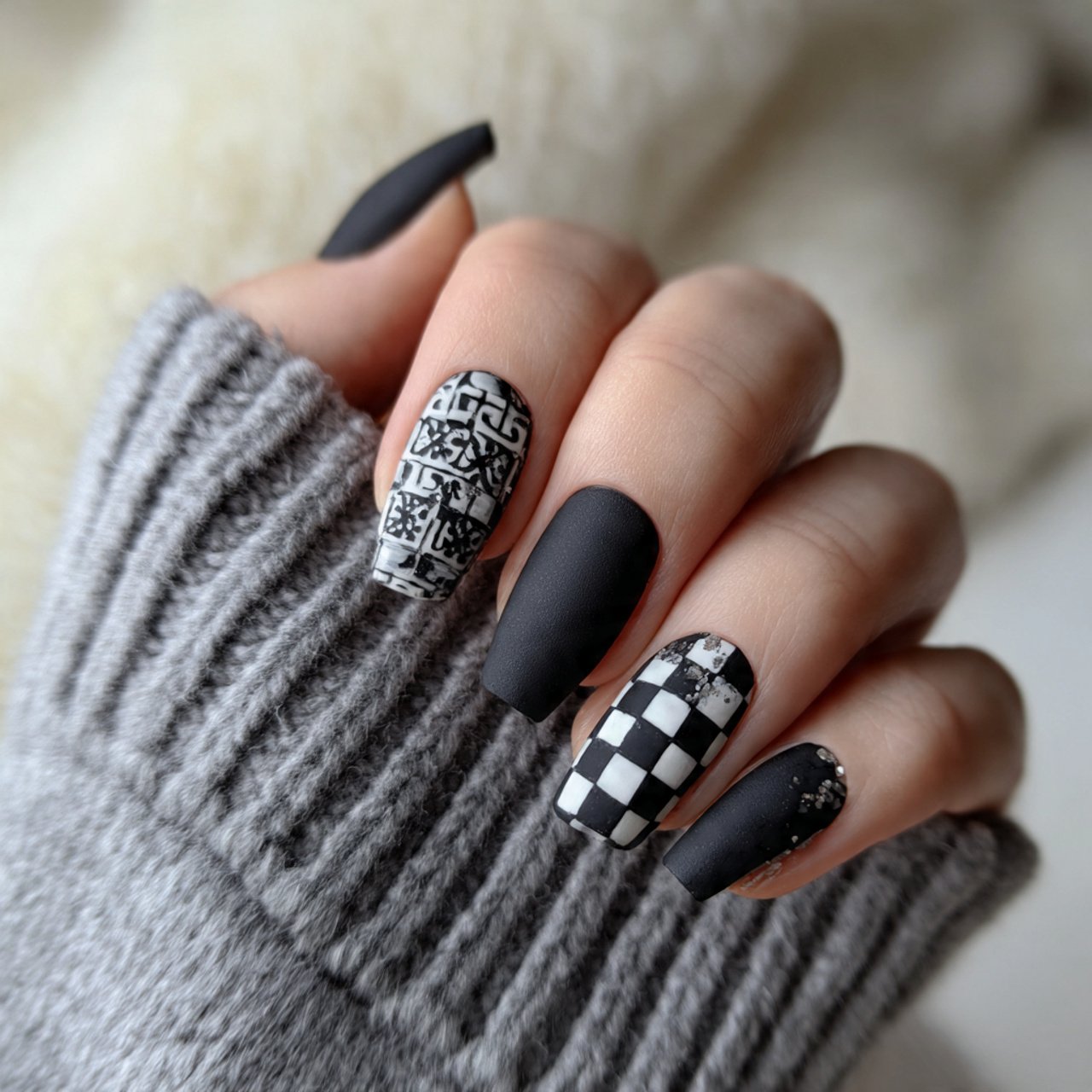 matte checkered nails