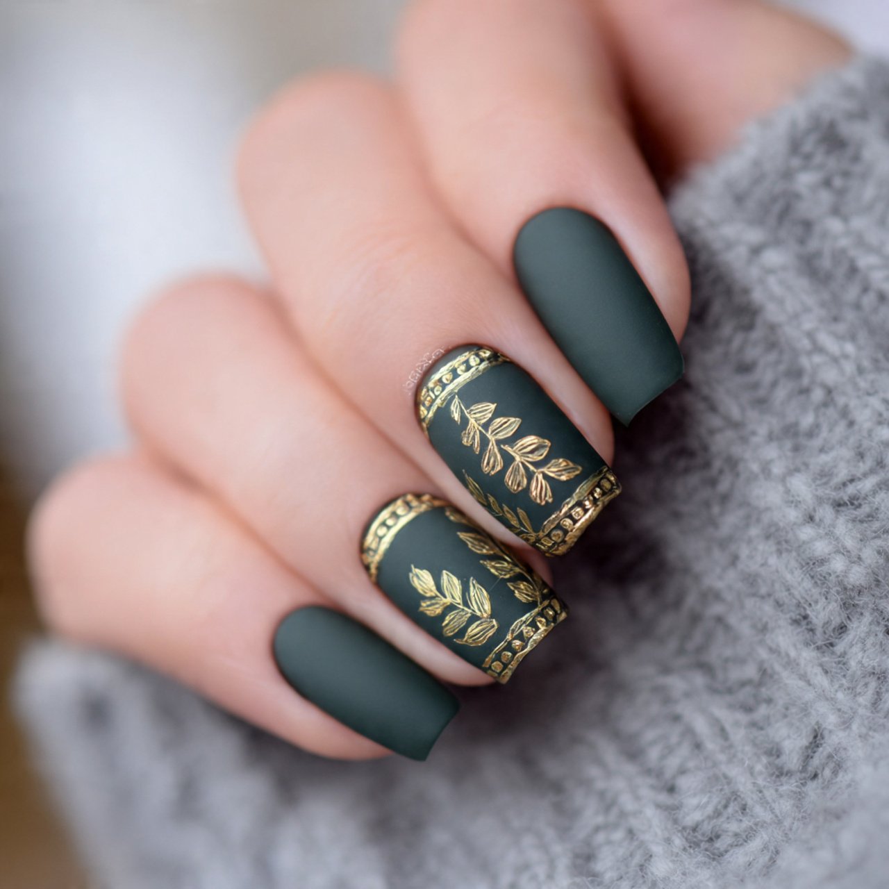 matte evergreen with gold cuticle detail nails