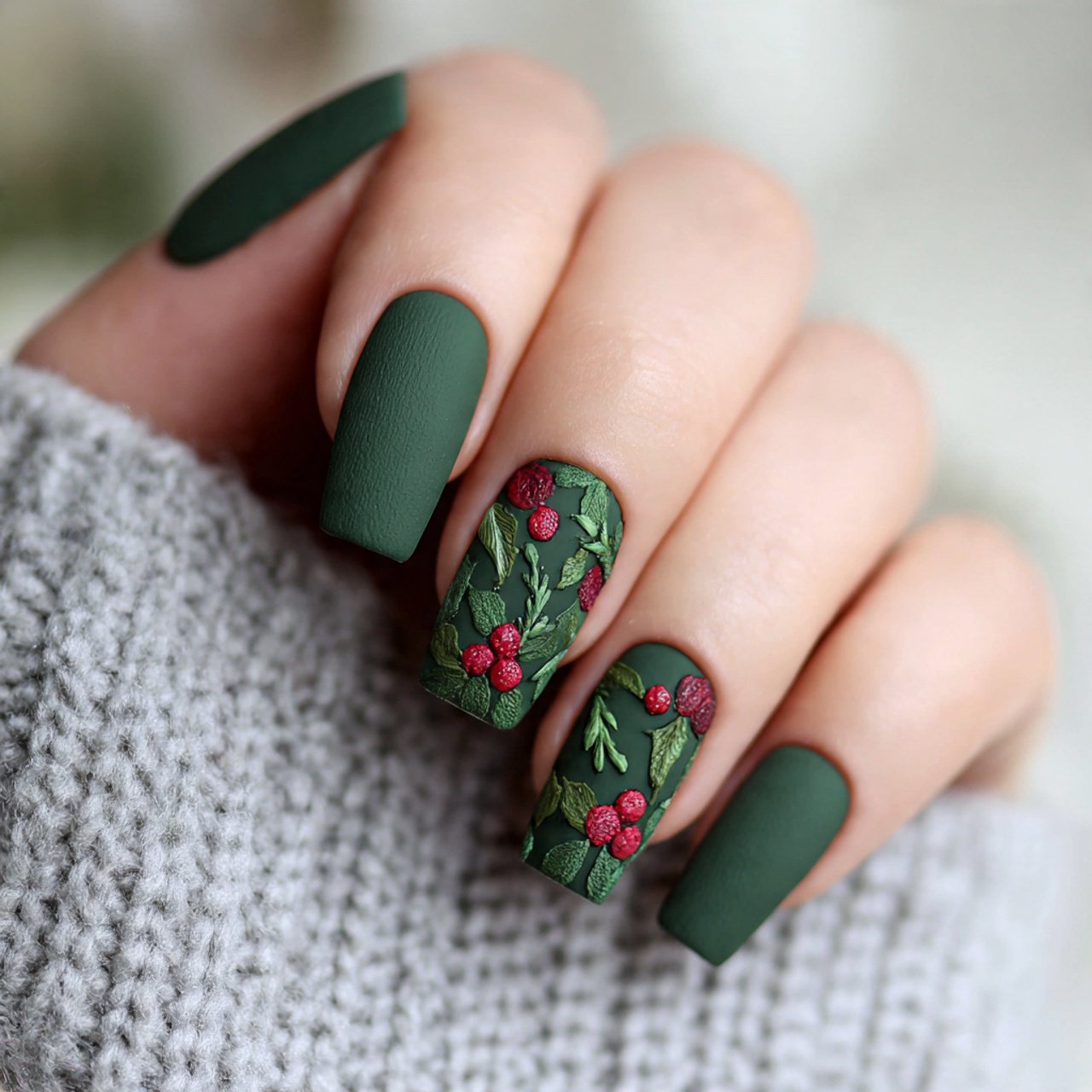 matte forest green with glossy holly accents nails