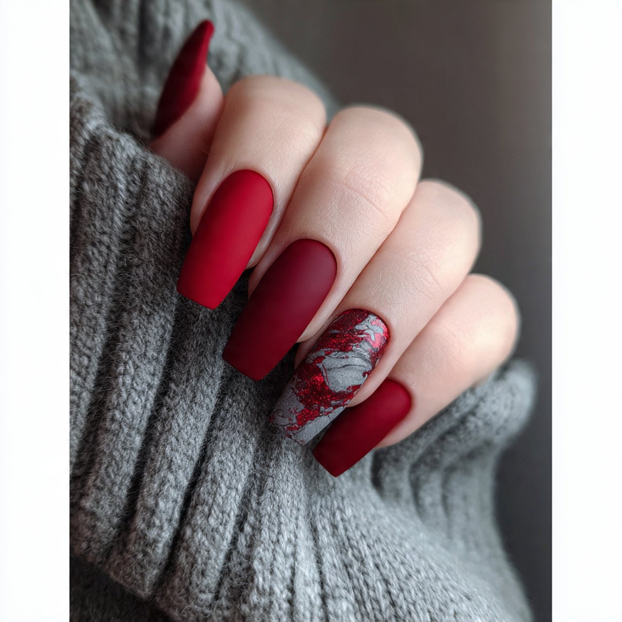 matte red and gloss accent mix nails