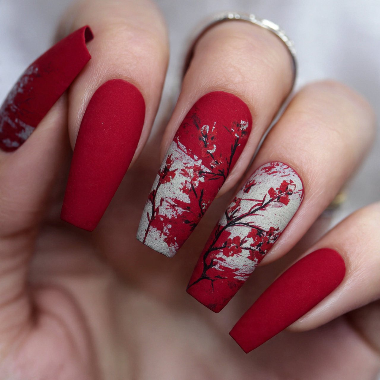 matte red coffin nails with abstract art nature lo