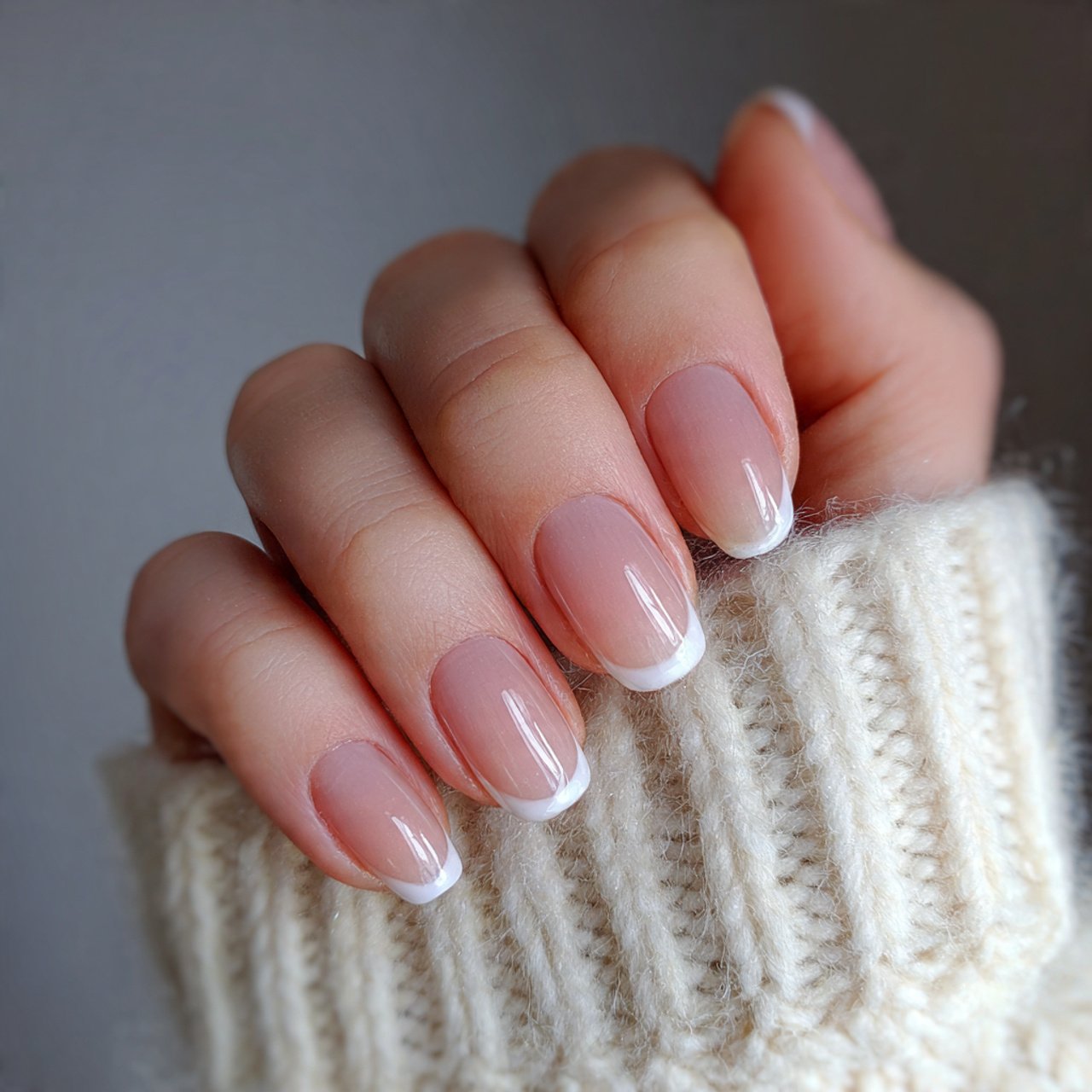micro french tips on a sheer base nails