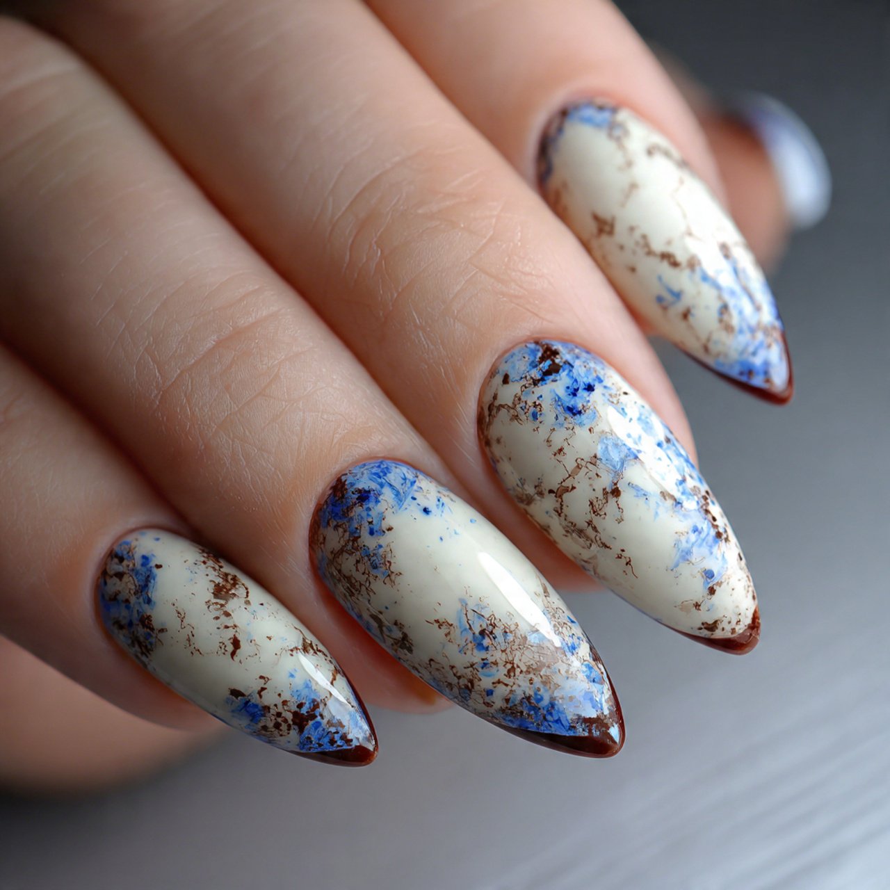 milky base with blue and brown micro tips attracti