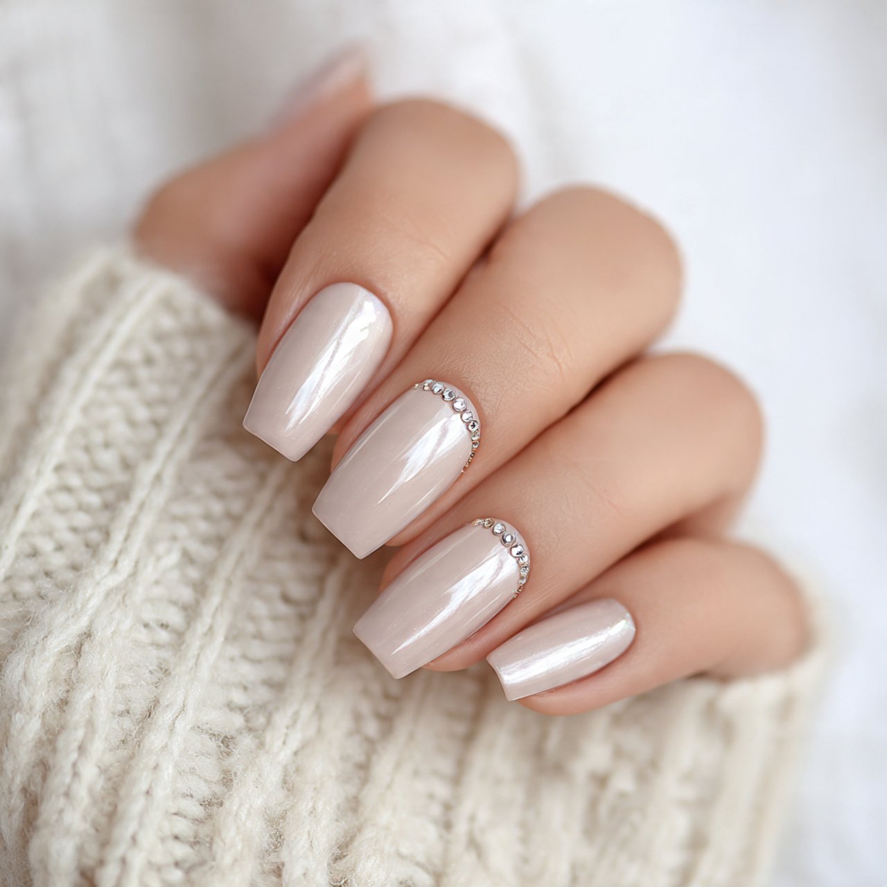 milky beige neutral nails with pearl chrome nails