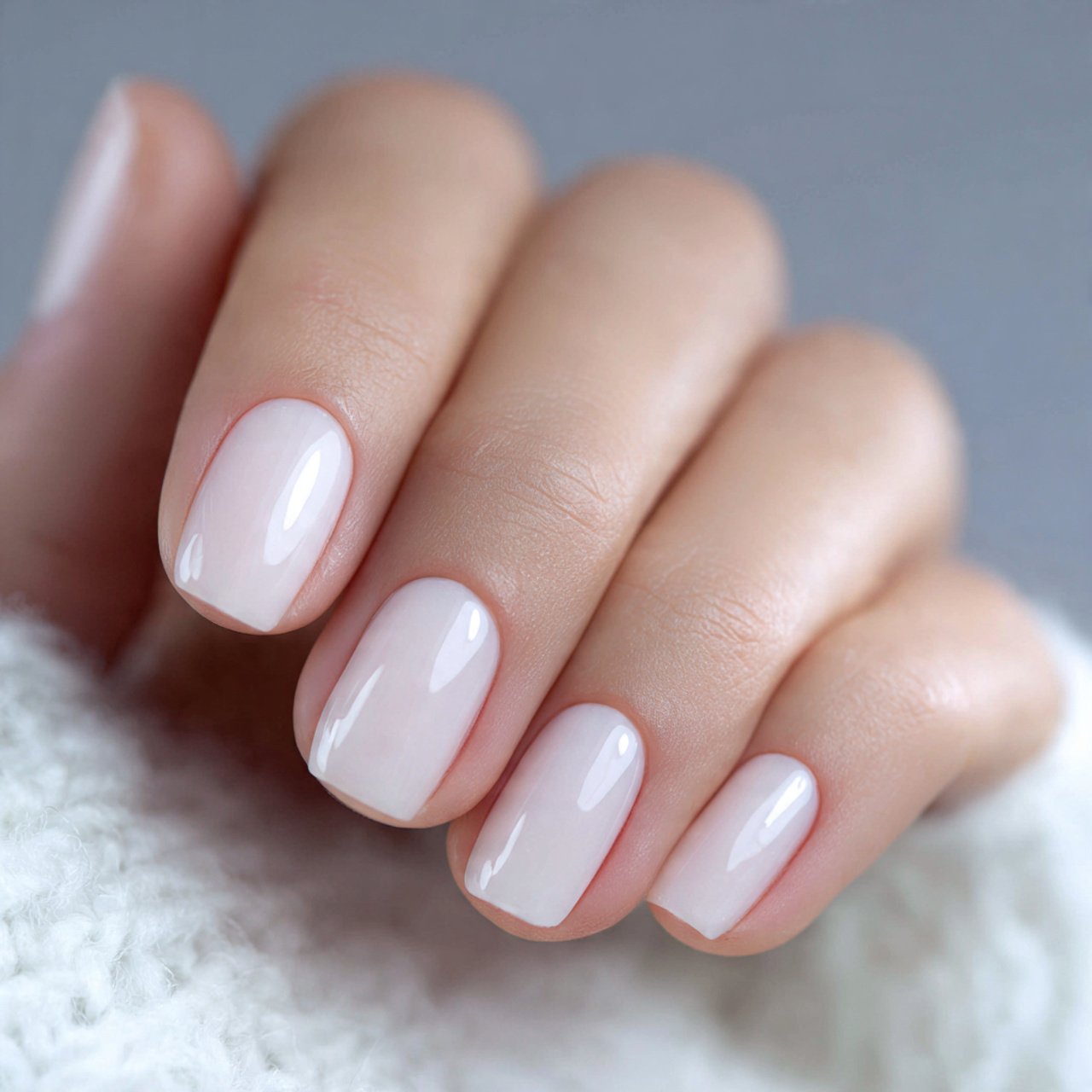 milky nails with fine white swirls natural nails