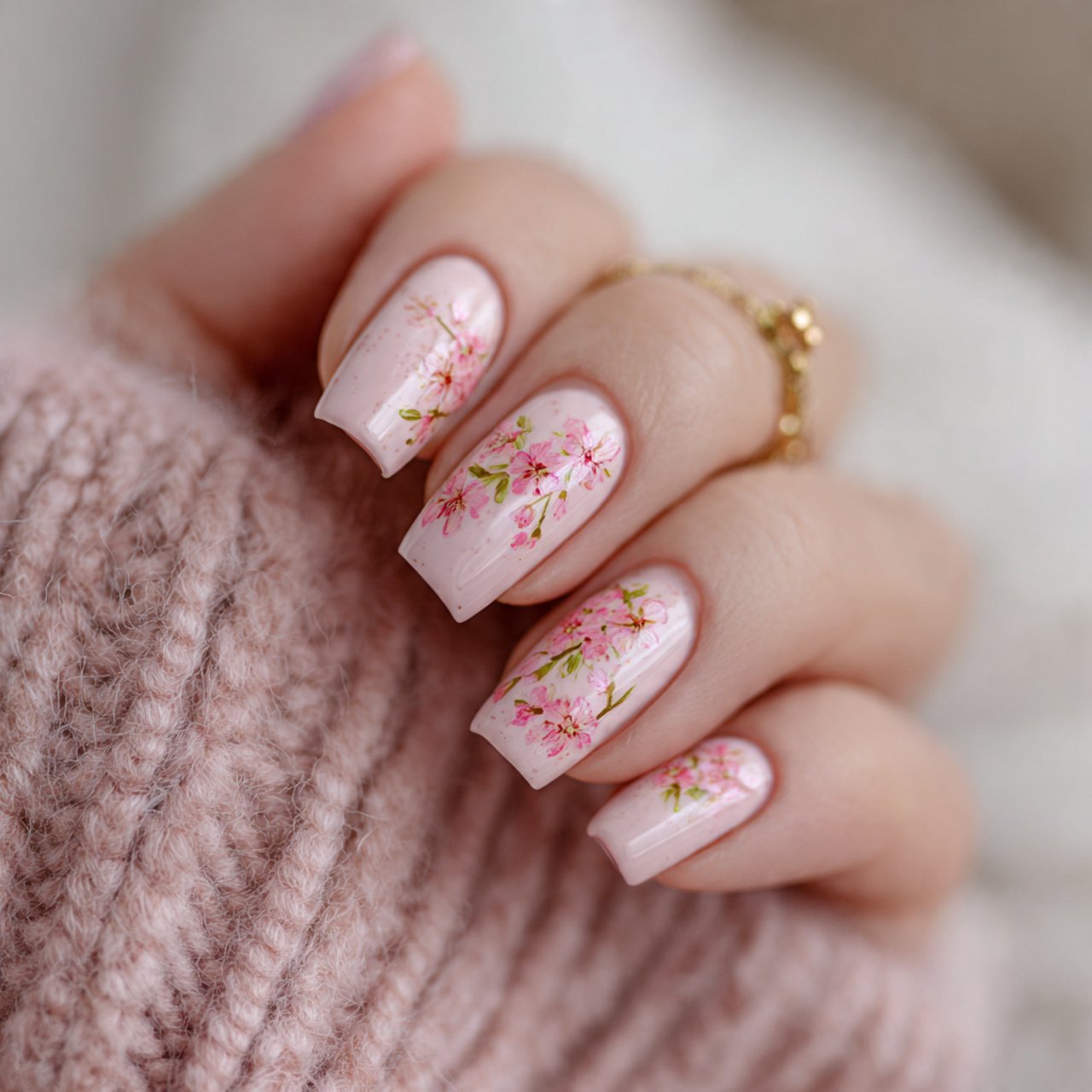 milky pink blossom nails