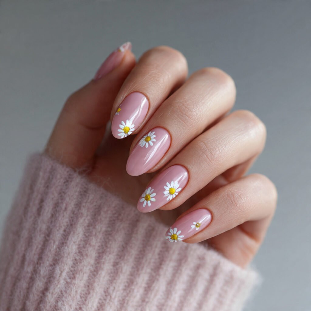 milky pink daisy nails