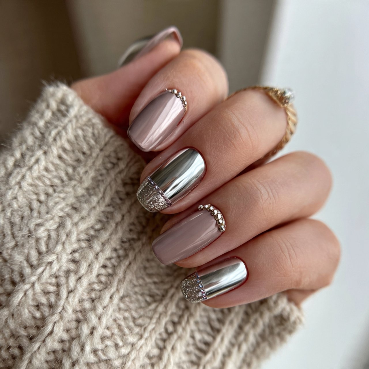 milky white neutral nails with silver pearl chrome