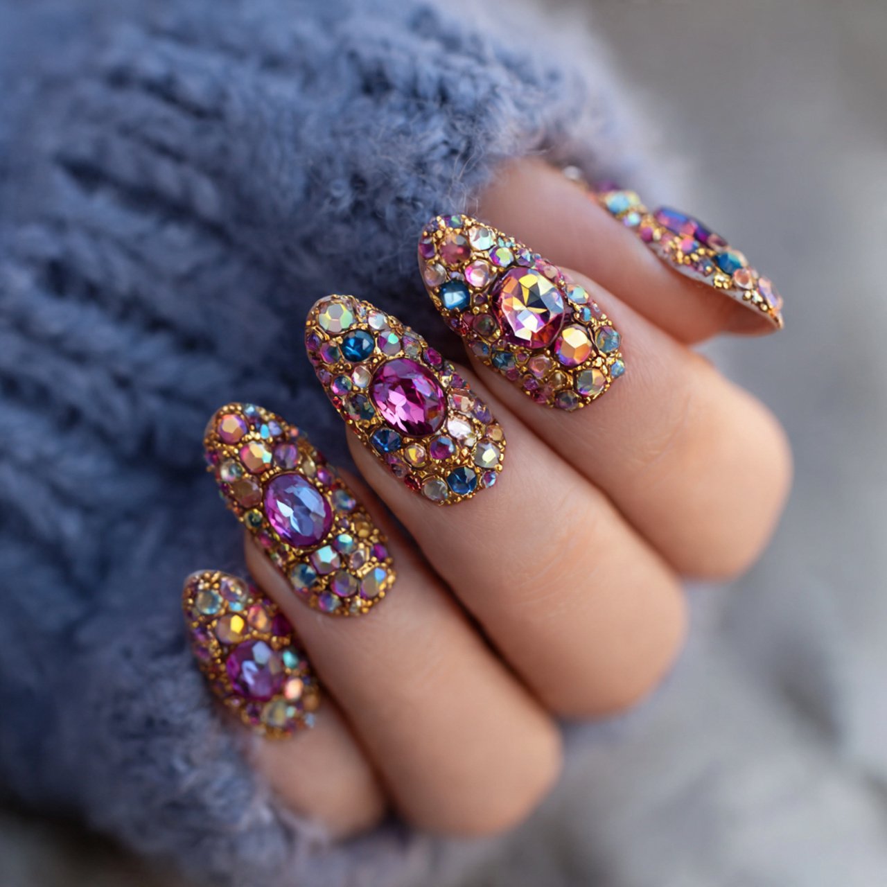 milky white rhinestone nails