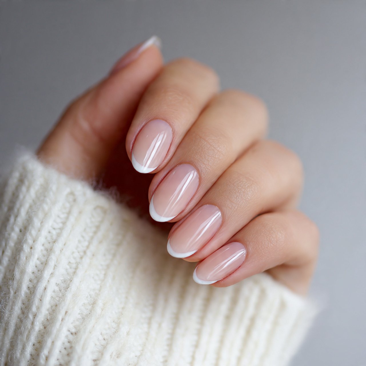 milky white short almond nails