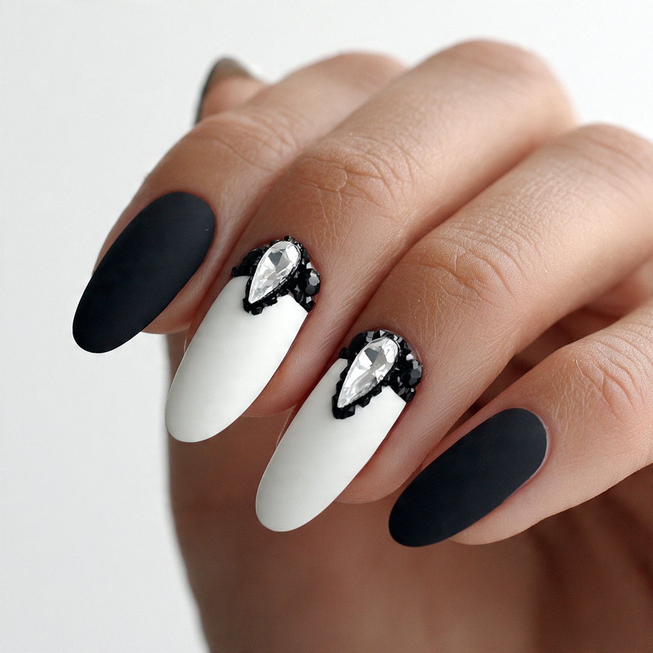 milky white with crystal accents creative nails