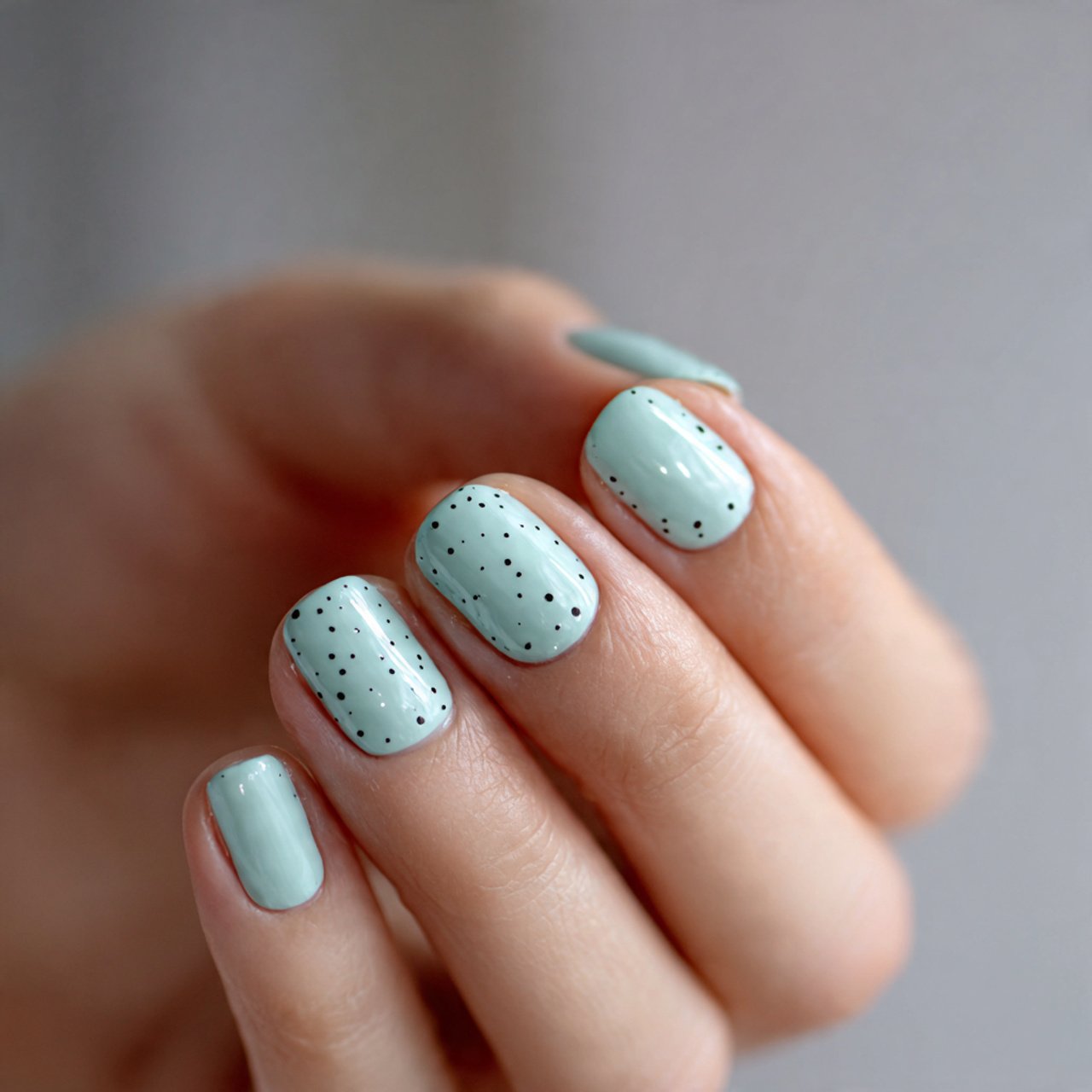 mint green short nails with minimal dot art nails