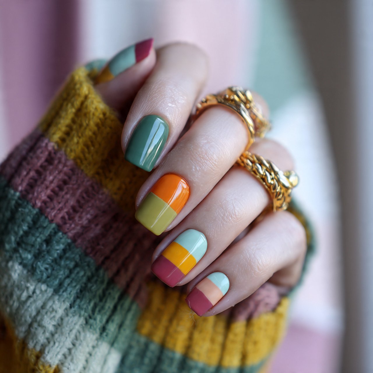 mismatched retro color nails