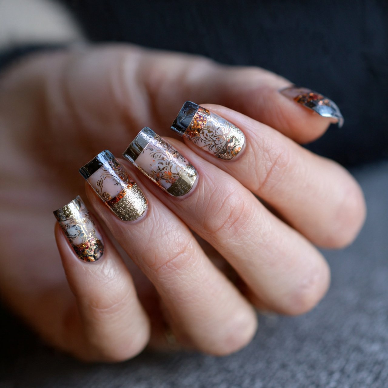 mixed metal short birthday french creative nails