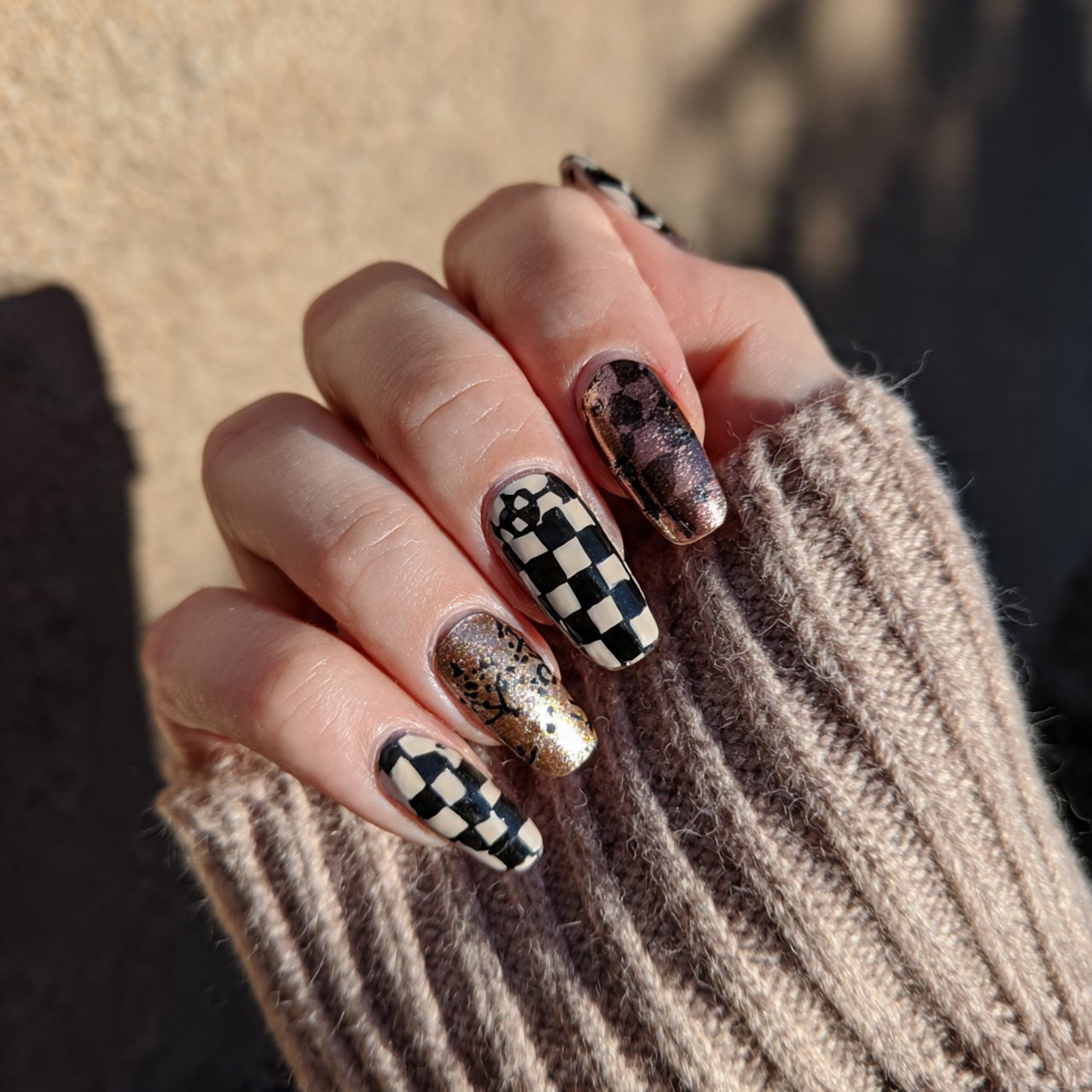 mixed neutral checkered nails