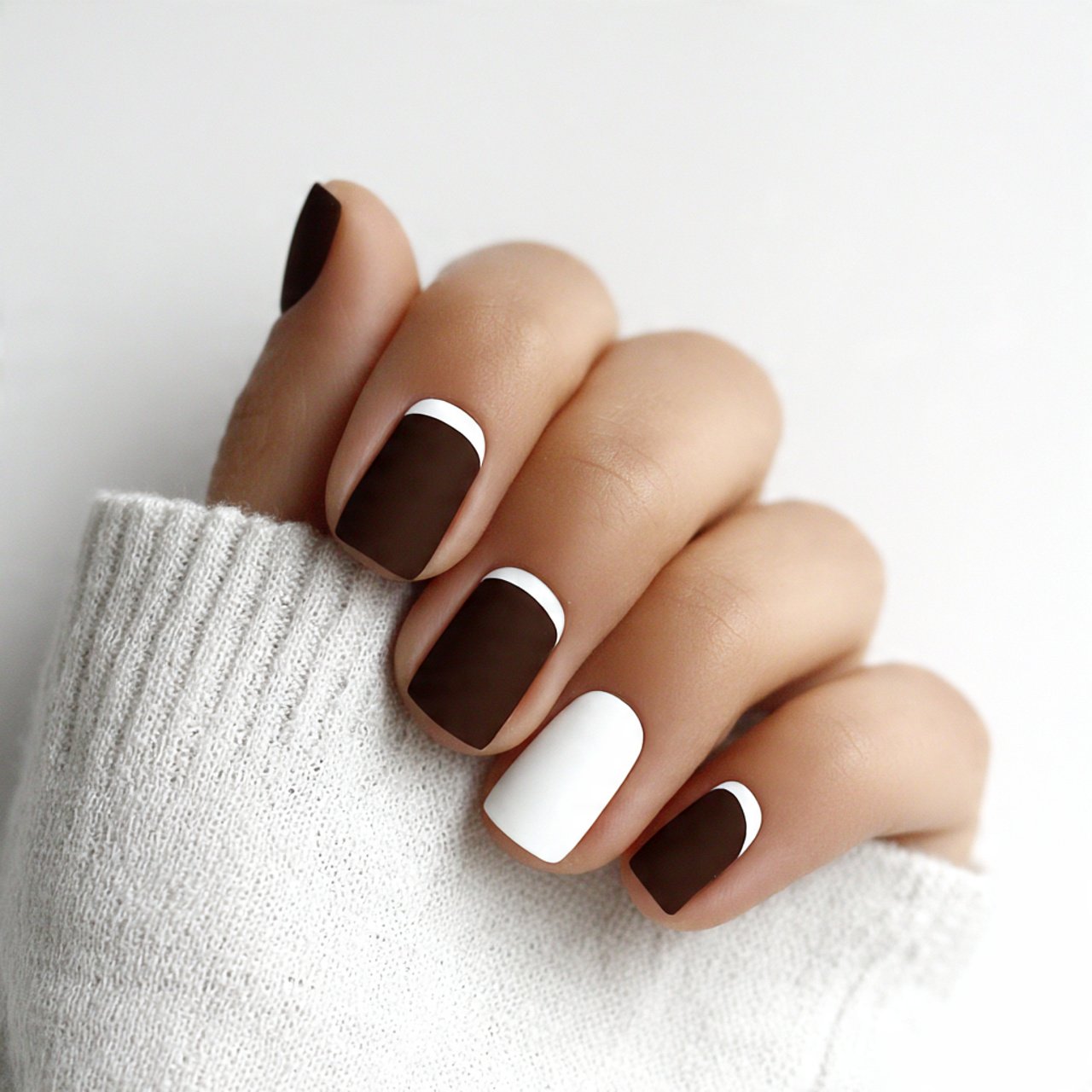 mocha brown nails with cream accent details creamy