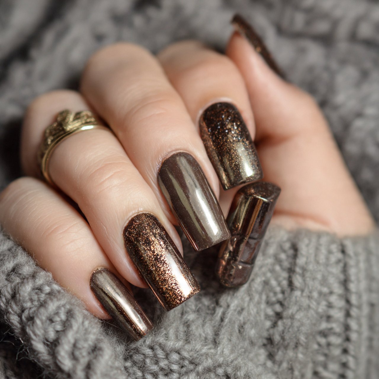 mocha neutral nails with bronze chrome nails