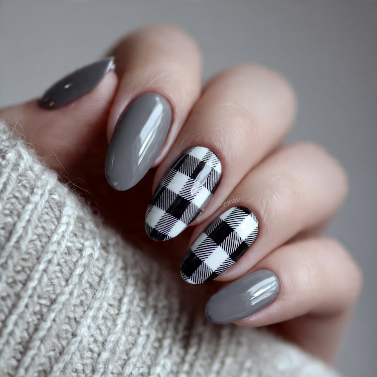 monochrome gray checkered nails