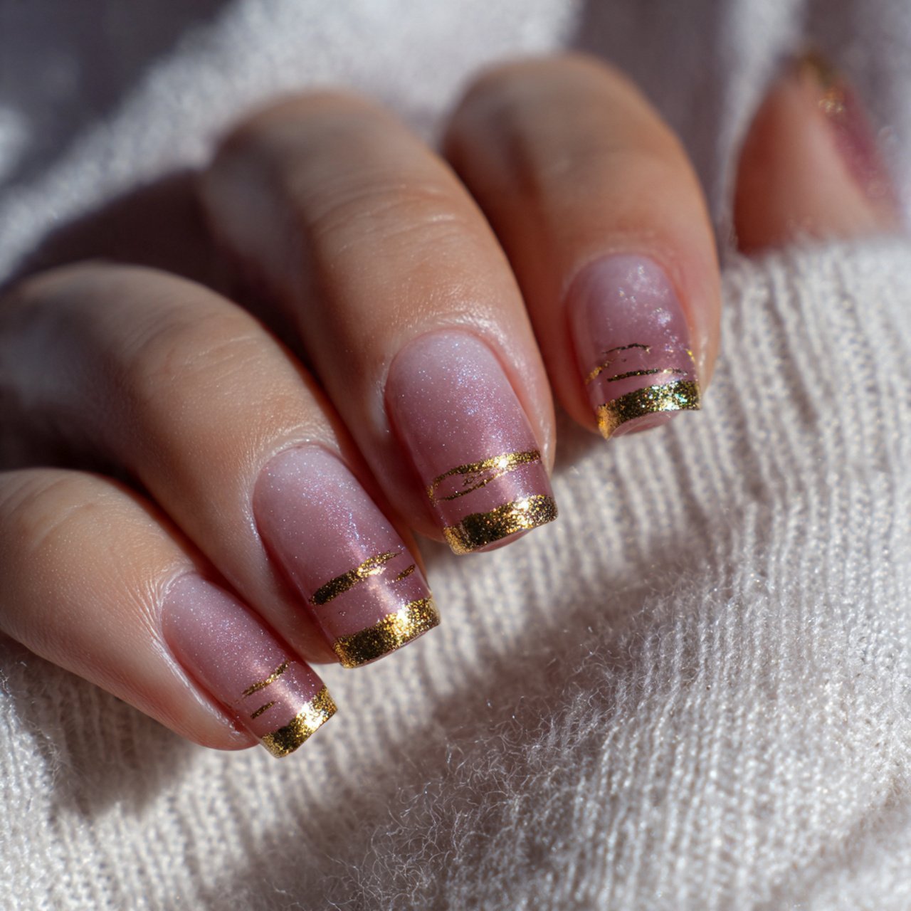nails with a gold micro stripe nature look nails