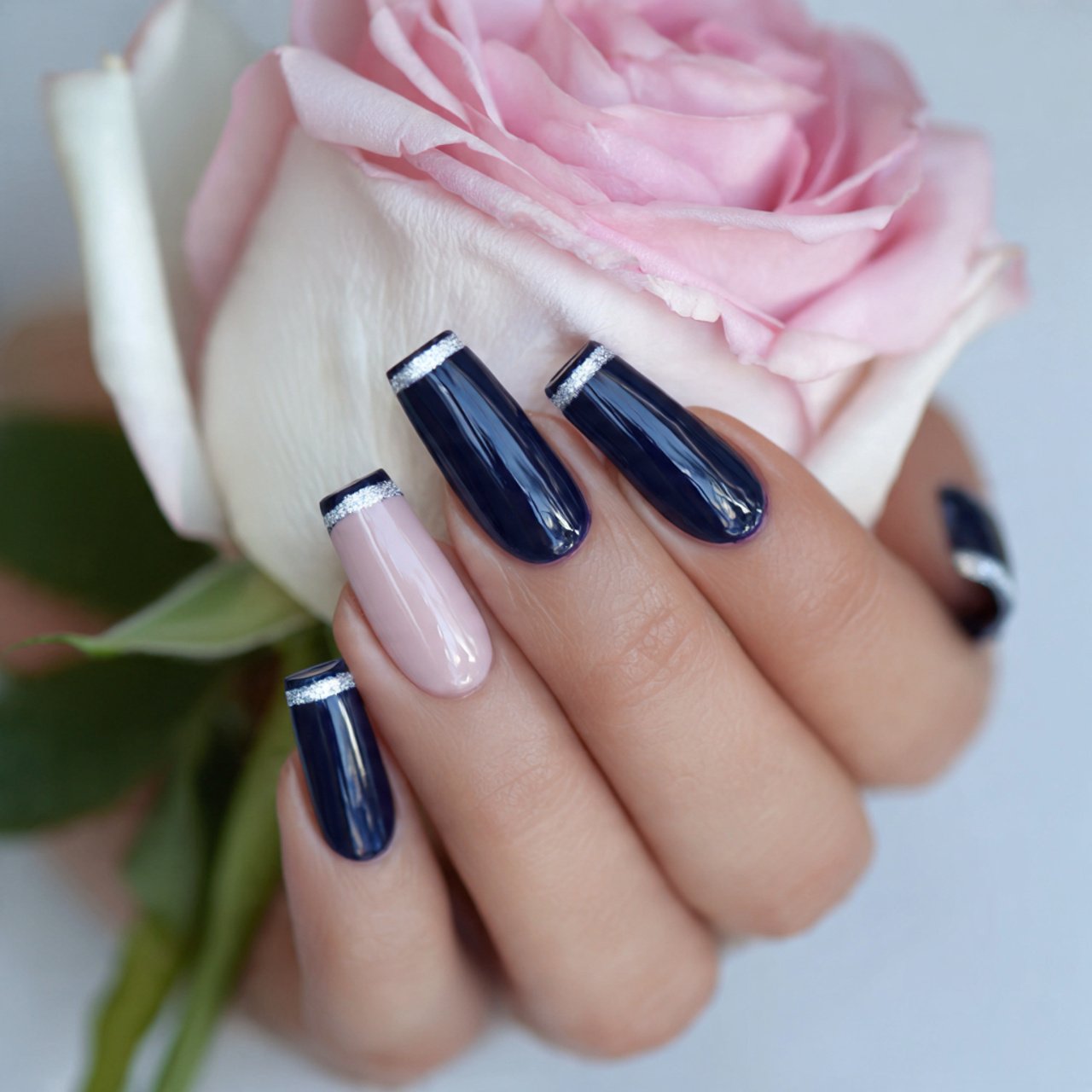 navy accent french with soft blue base elegant nai