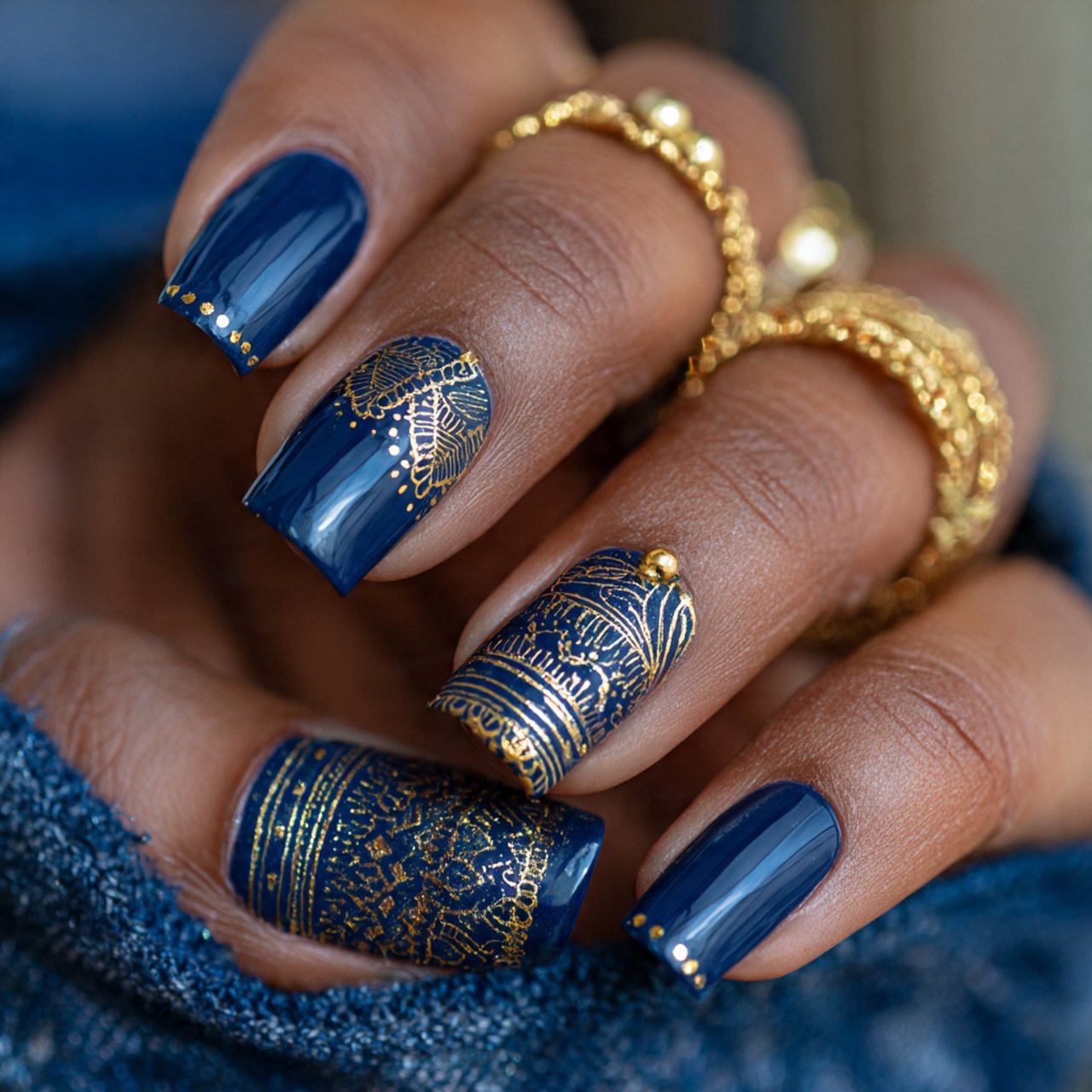 navy and gold micro line accent creative look nail