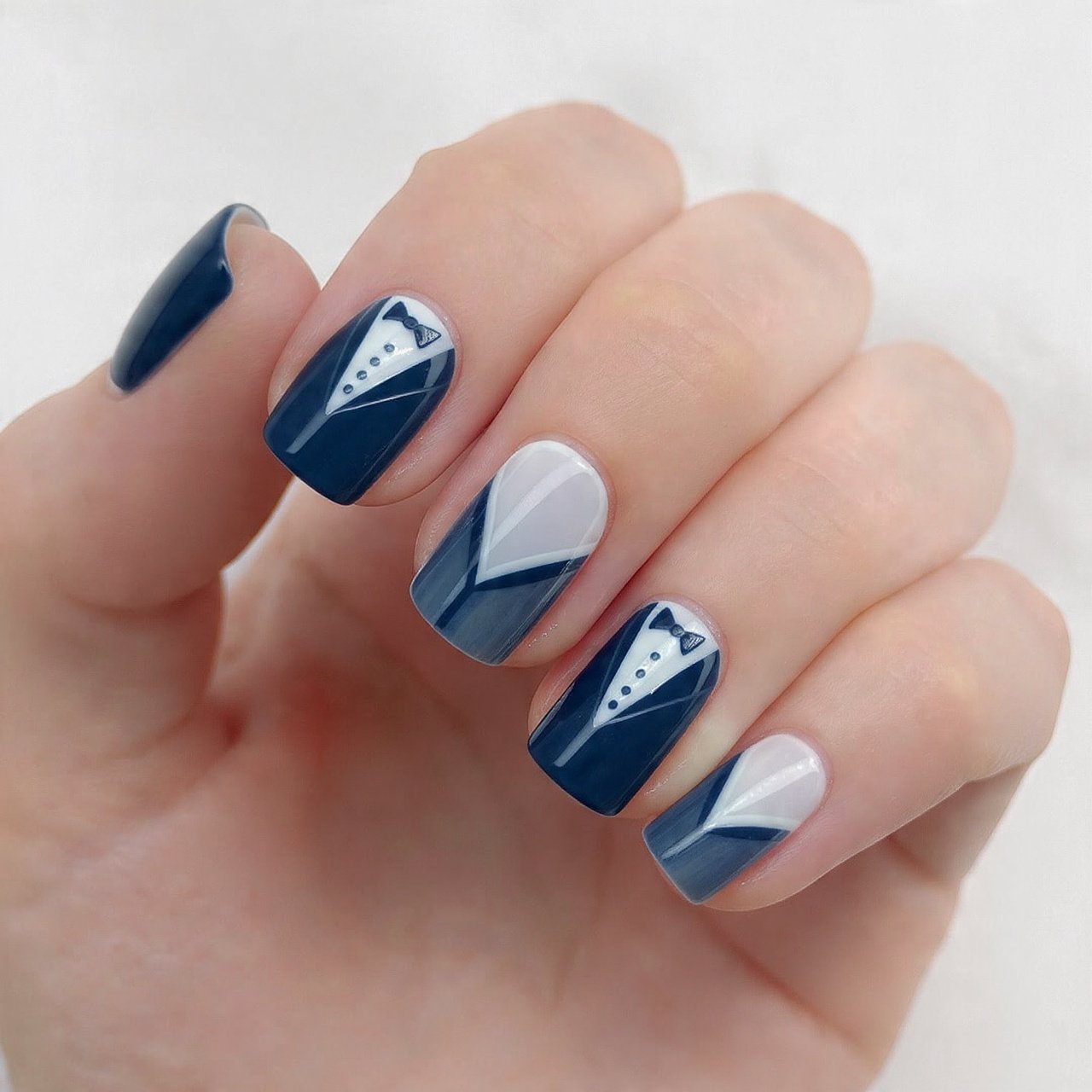 navy and milky white tuxedo nails nature look nail