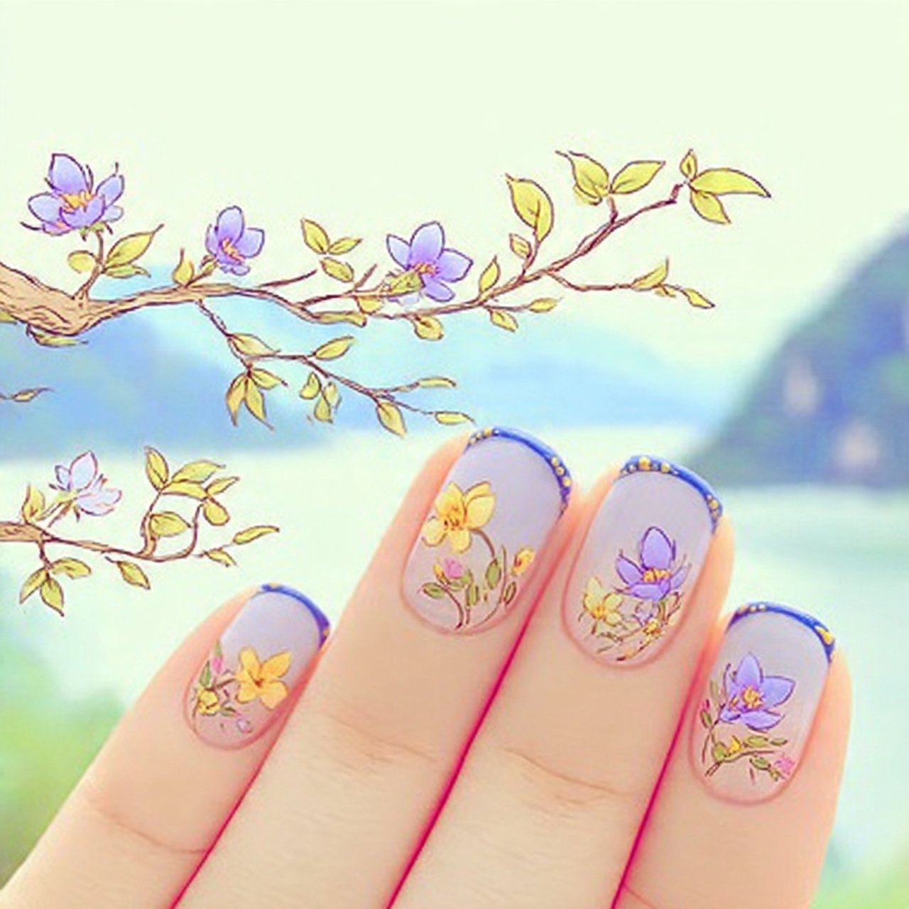 navy french tips with a sheer pink base nature loo