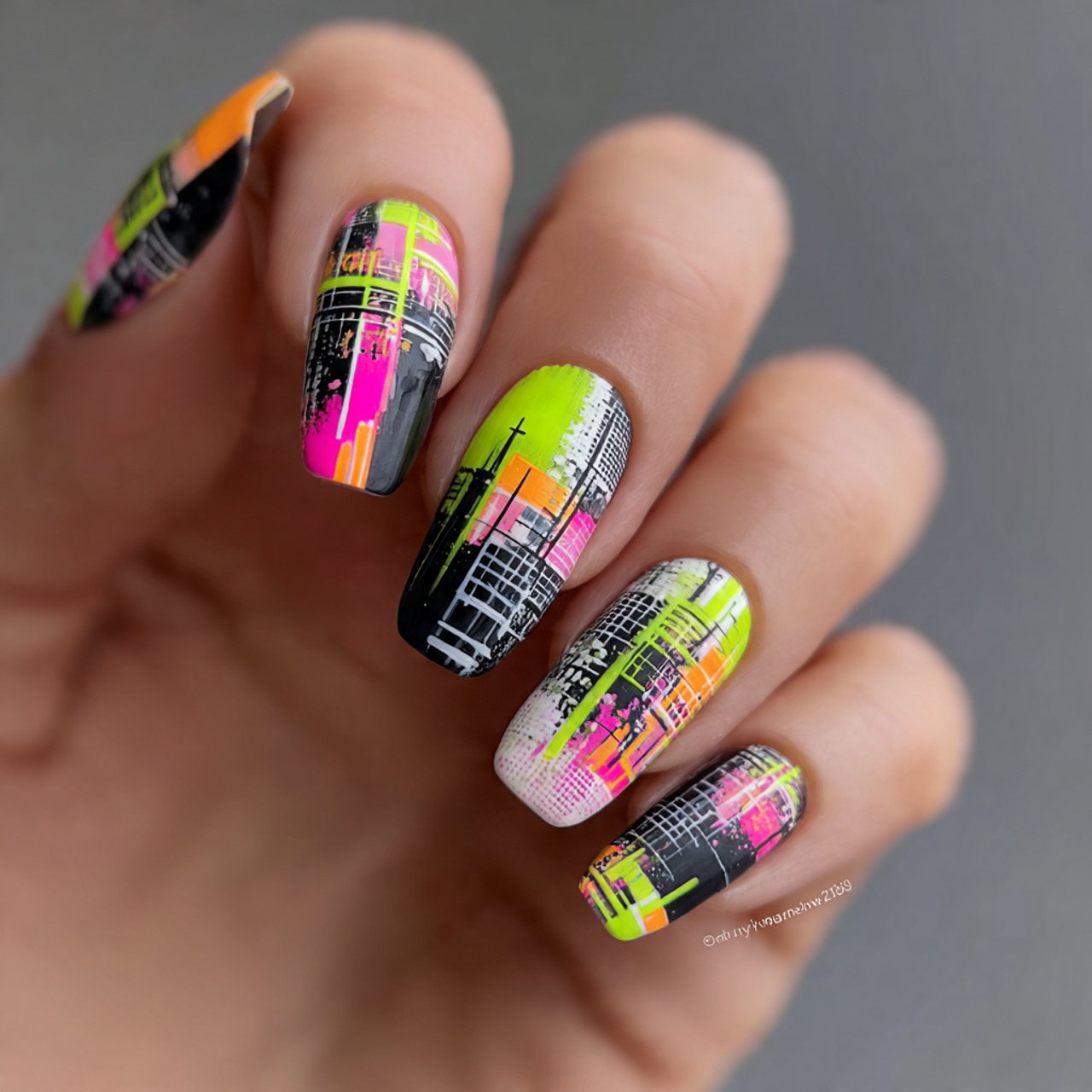 neon abstract line art nails