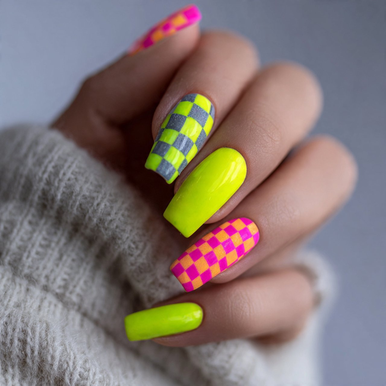 neon checkered nails