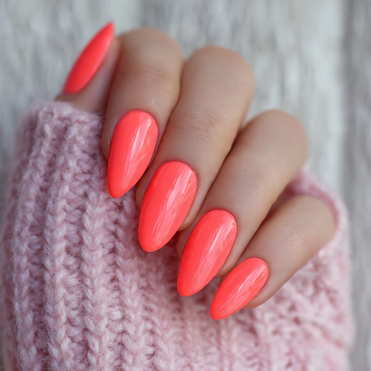 neon coral almond nails