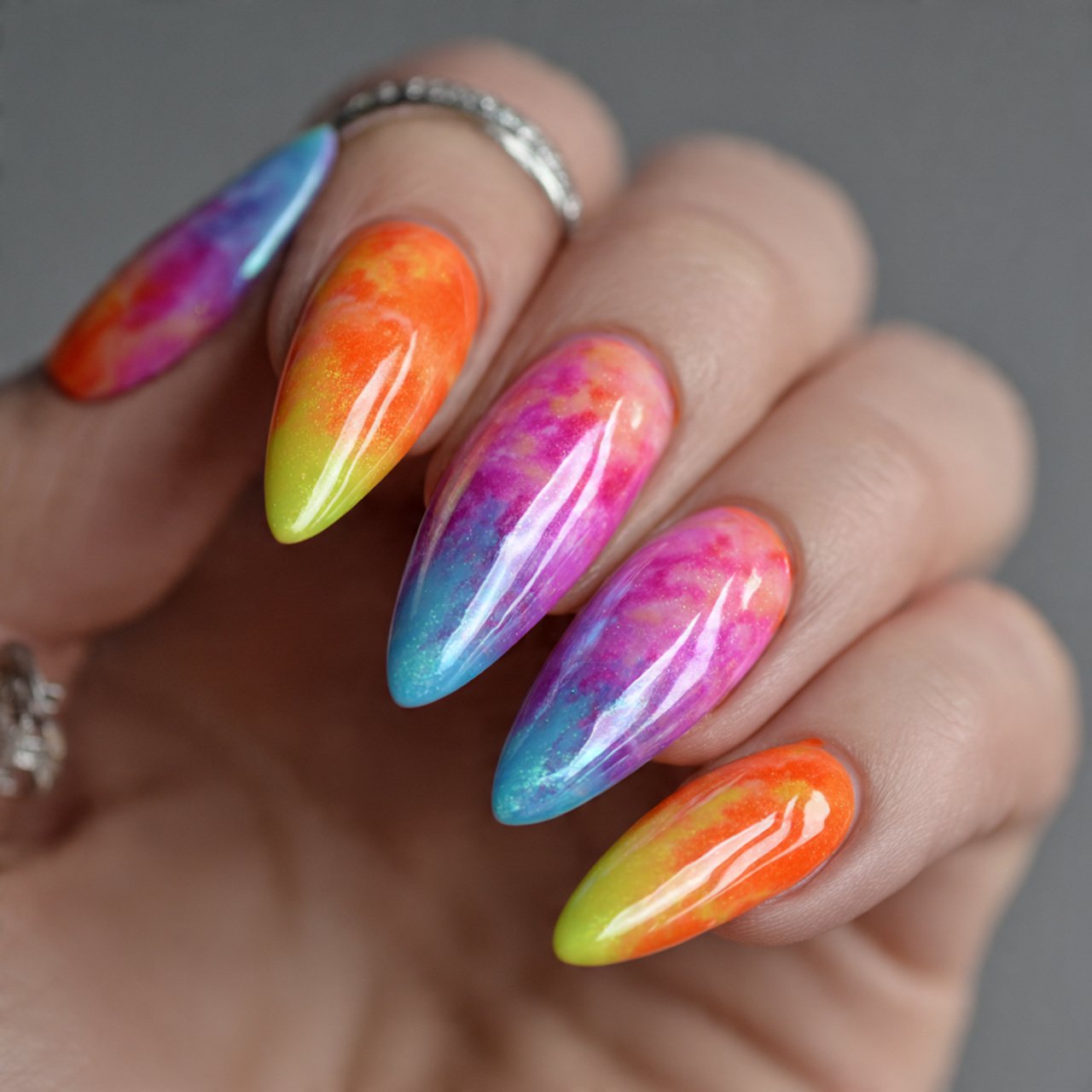 neon rainbow skittle nails
