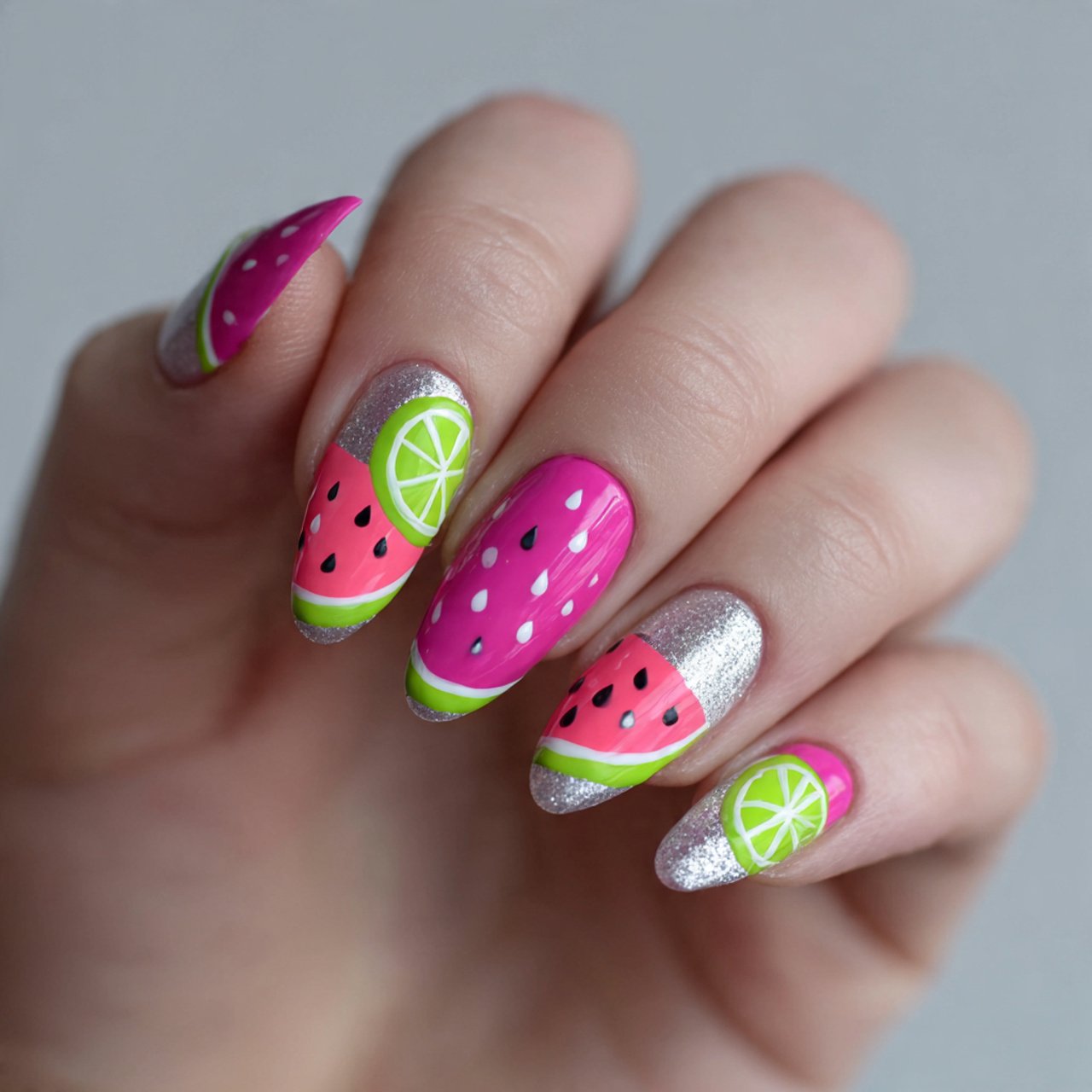 neon watermelon nails