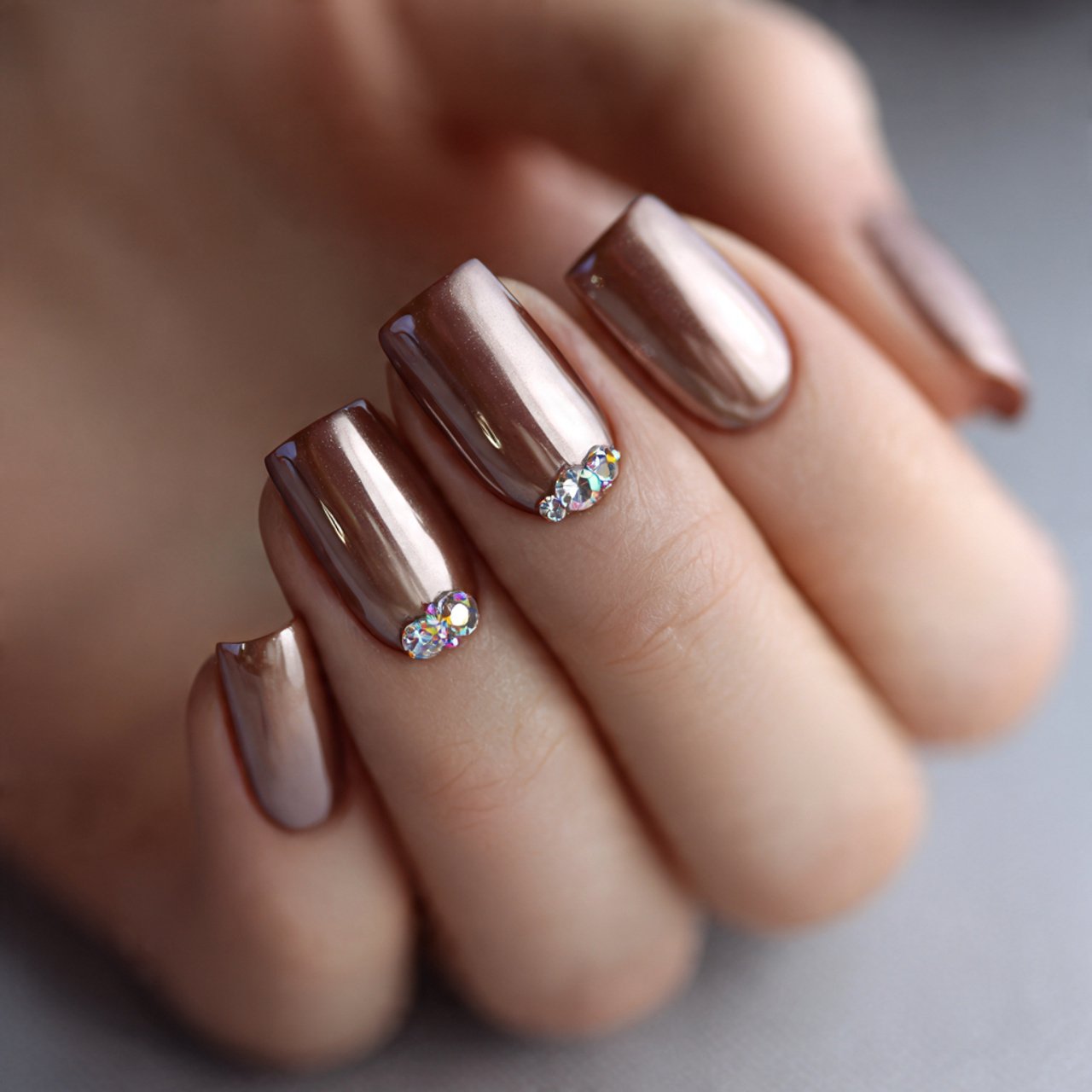 neutral chrome nails with one minimal accent gem e