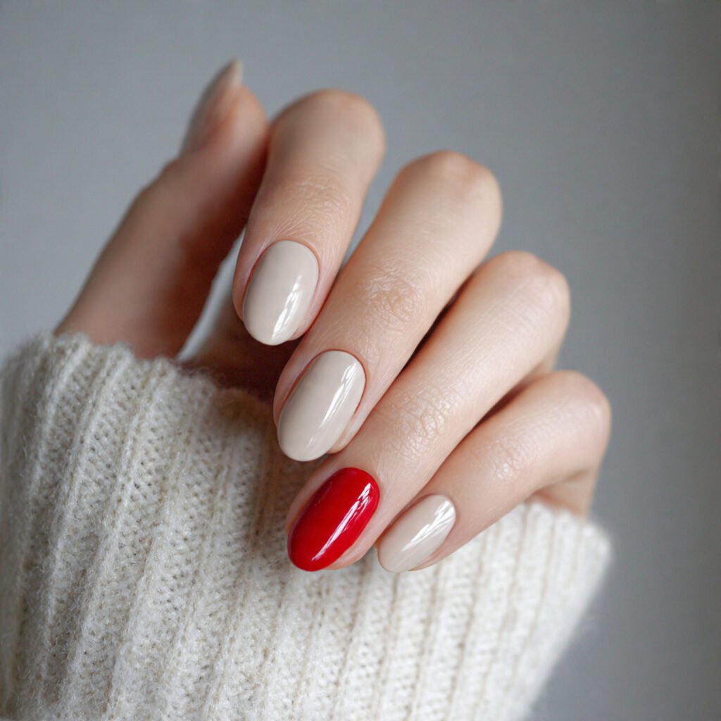 neutral nails with a single red statement nail gor